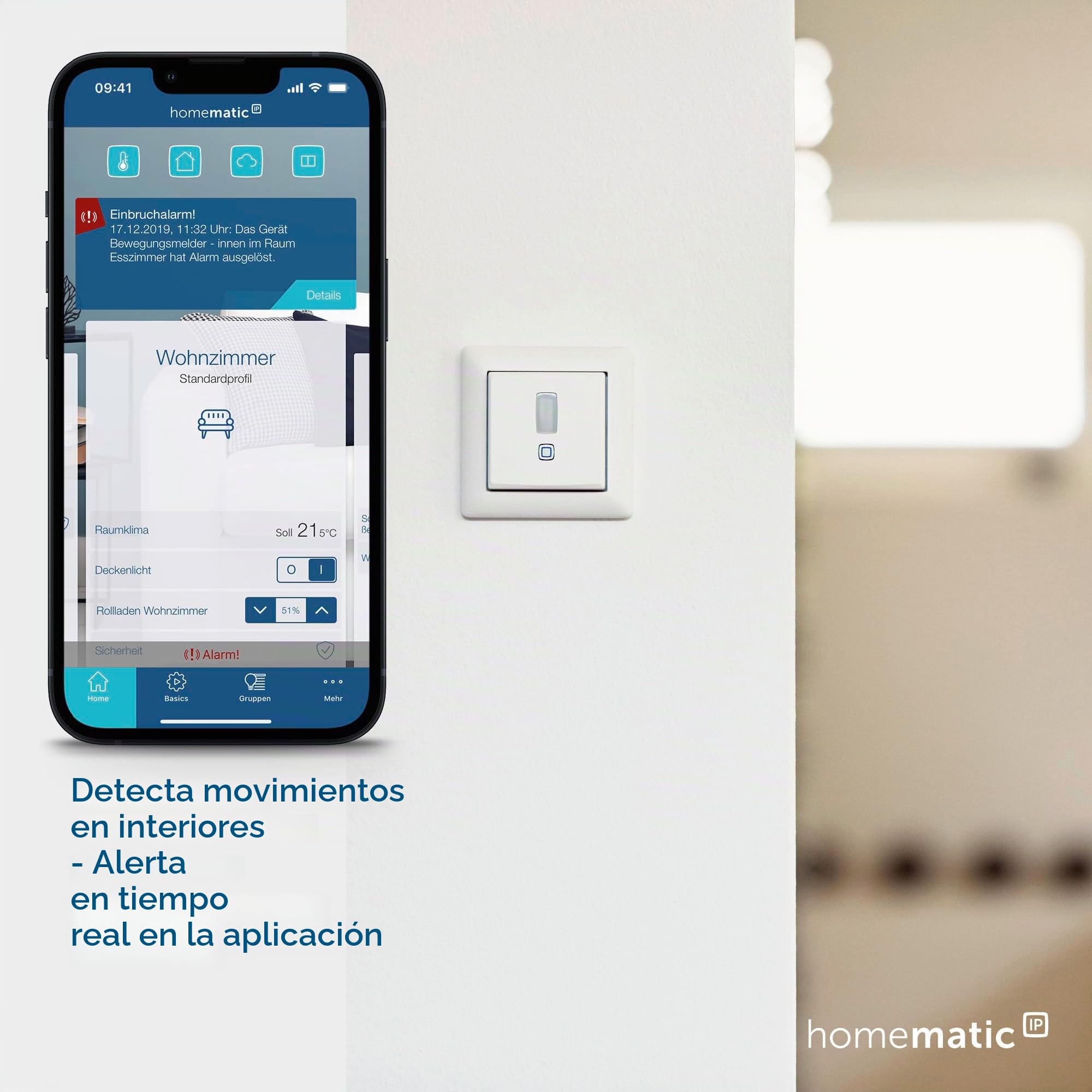 Homematic IP Smart Home 156242A0 - Detector de movimiento en el marco de 55 unidades – Interior – Accesorios para Smart Home con función de aplicación para solución de alarma, interruptor de pared