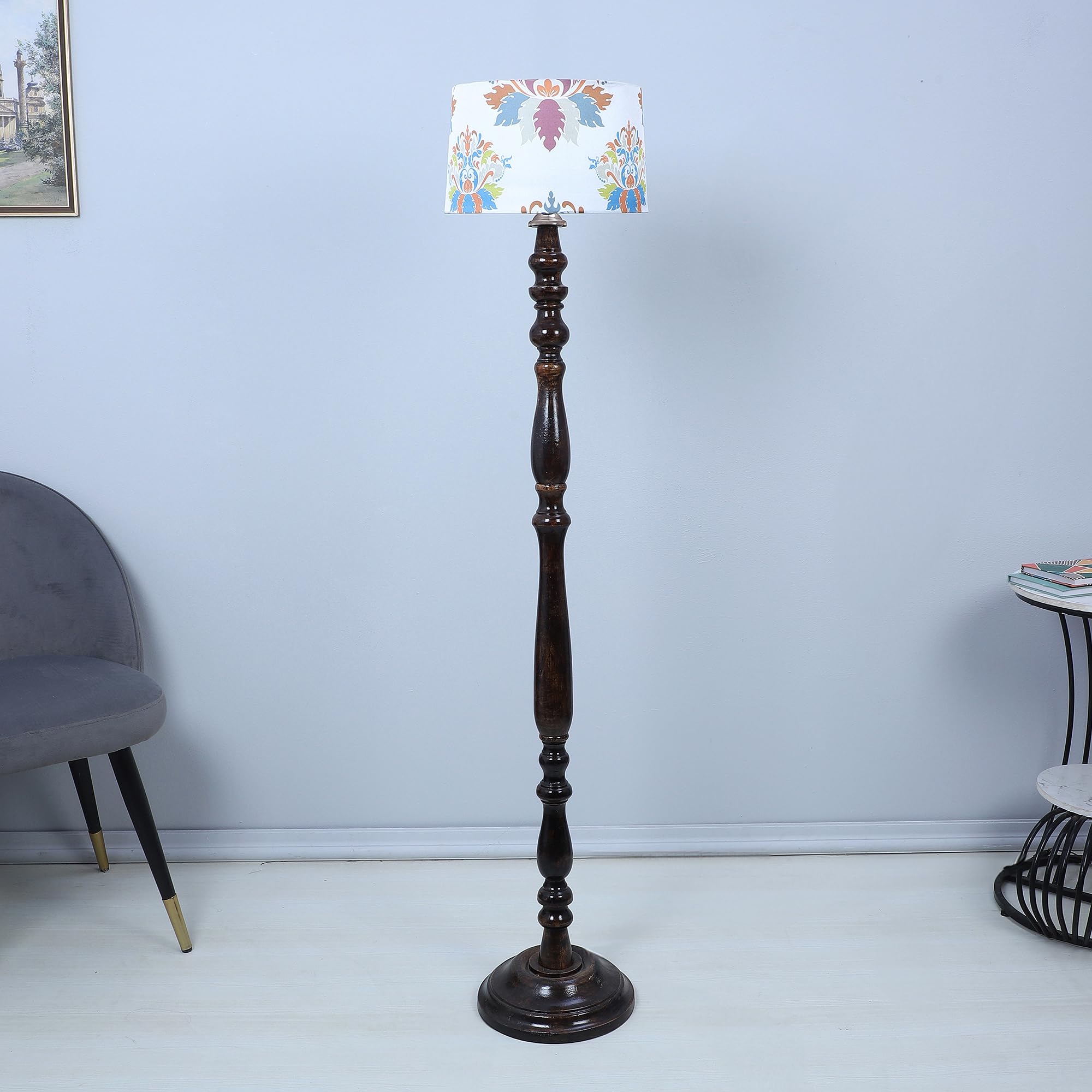 tu casa Classic Vintage Brown Mango Wood Base Floor Lamps with English Oak Print & Satin Shade for Bedroom, Living Room, Lounge, Office Area, Gifting Without Bulb for Home Decoration (Height - 54")-image-1