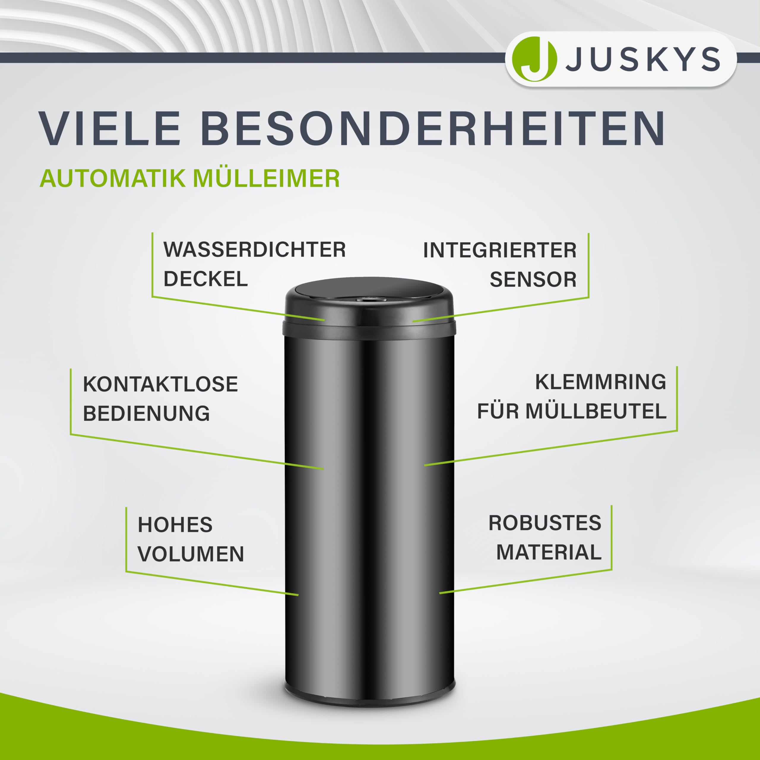 Juskys Mülleimer Küche mit Bewegungssensor Schwarz 50L - Runder Abfalleimer für Kontaktloses Entsorgen mit Klemmring für Müllbeutel - Rostfreier Stahl