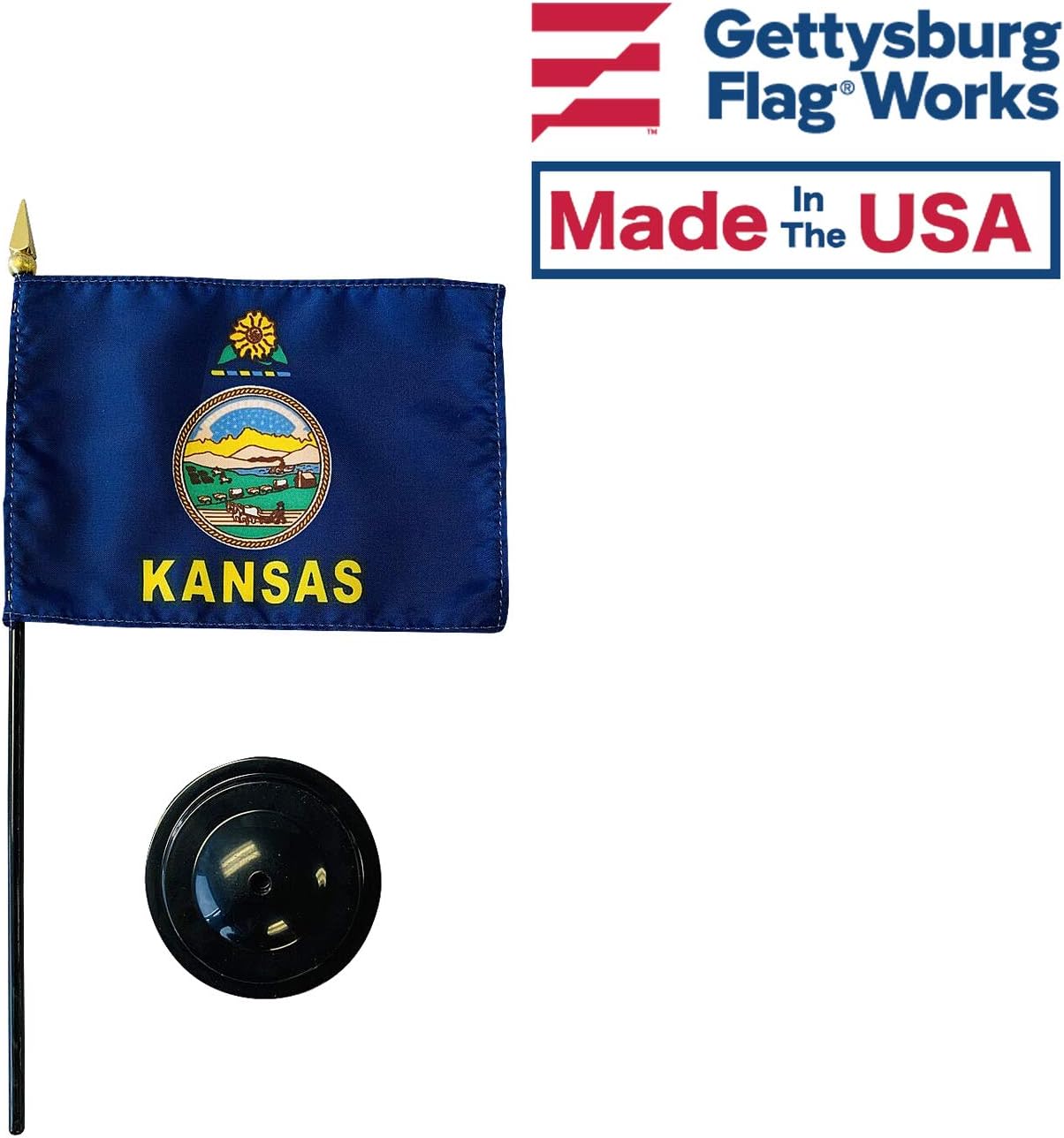Set of 3 4x6" E-Gloss Kansas Stick Flag with Plastic Table Base - Made in the USA