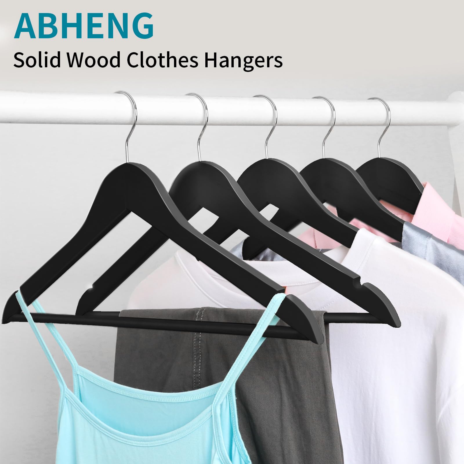 ABHENG Kleiderbügel Holz 30 Stück, Holzbügel mit rutschfester Hosensteg und 360° drehbarer Haken, Einkerbungen im Schulterbereich, Hergestellt aus Naturholz, 44,5B x 23H cm, Schwarz + Silbern,AWY0330B