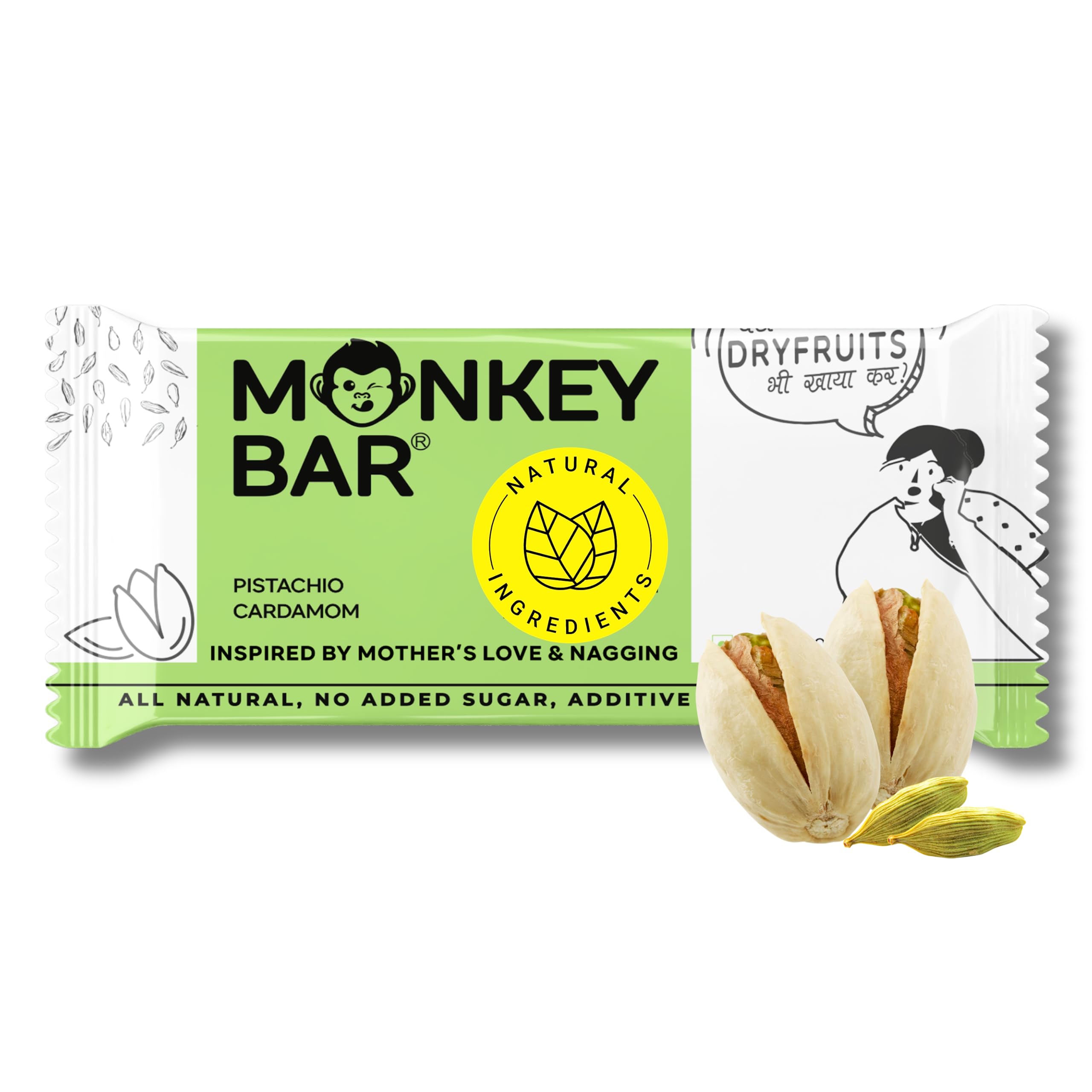 MONKEY BAR - Pistachio Cardamom Protein Bar - 8 Bars, 50g each, 11g Protein, High Protein Snack, No Added Sugar, Just 6 Natural Ingredients