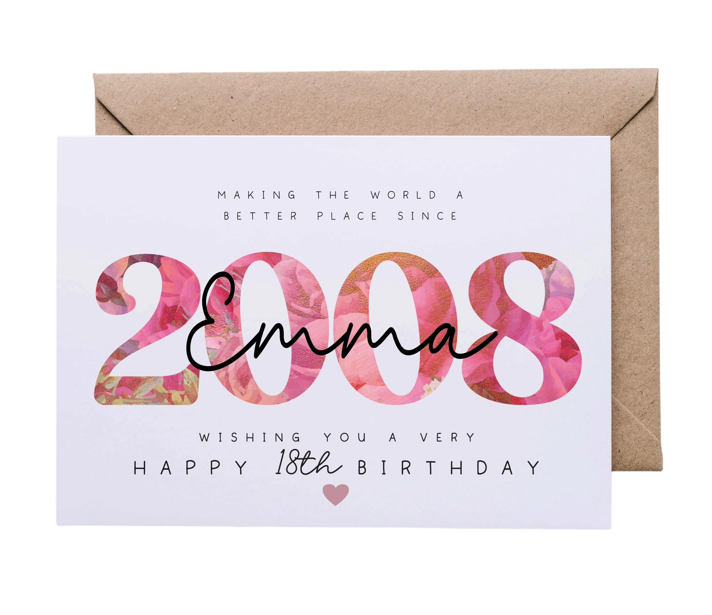 Personalised 18th Birthday Card for Her, Year of Birth 2008 Card, Large A5 Birthday Card for Women, Custom Name Birthday Card, Keepsake Card Uk