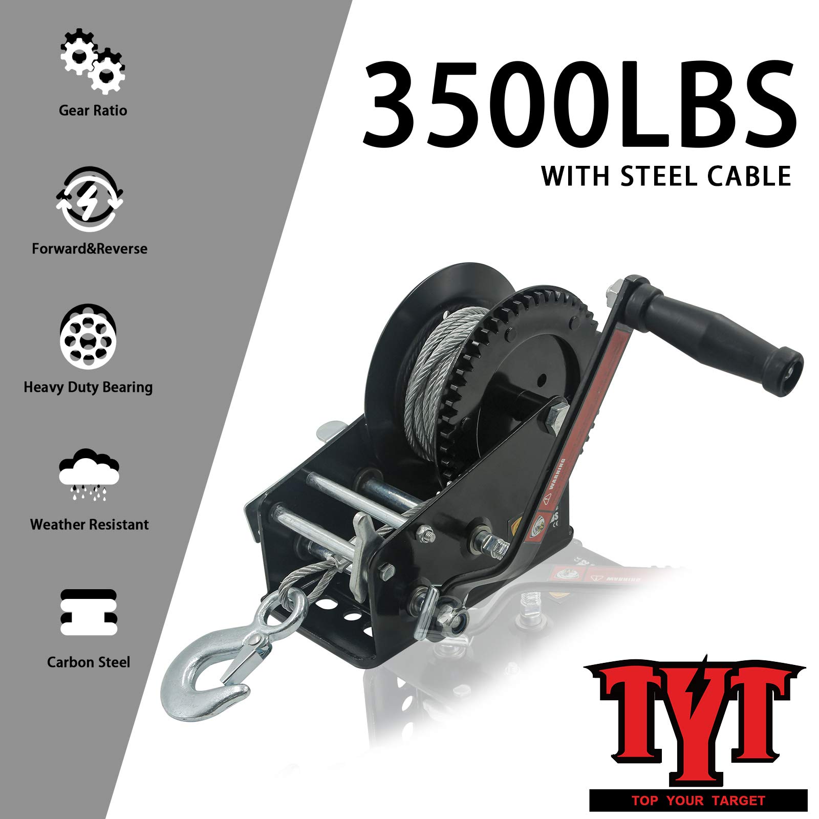 TYT 3500lbs Boat Trailer Winch with 32ft Steel Cable, Heavy Duty Hook Portable Hand Winch, Two