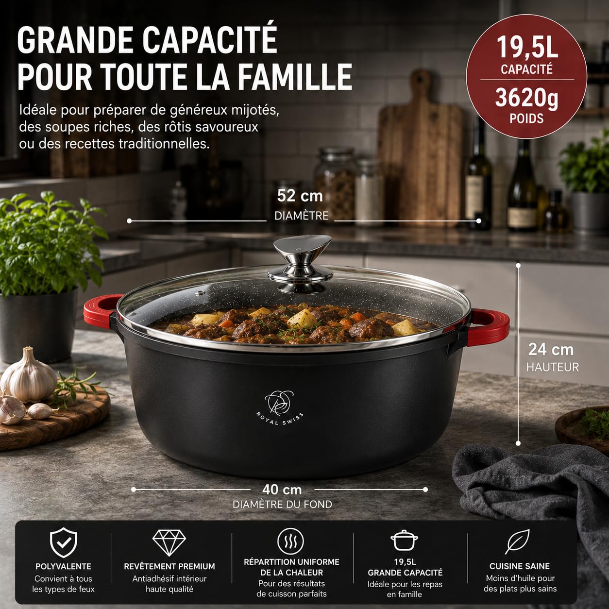Royal Swiss Faitout 40 cm Noir 19,5 L – Revêtement Marbre Antiadhésif, Couvercle en Verre, Compatible Induction & Four, Fonte d’Aluminium, Poignées Silicone Amovibles (Noir, 40 cm)