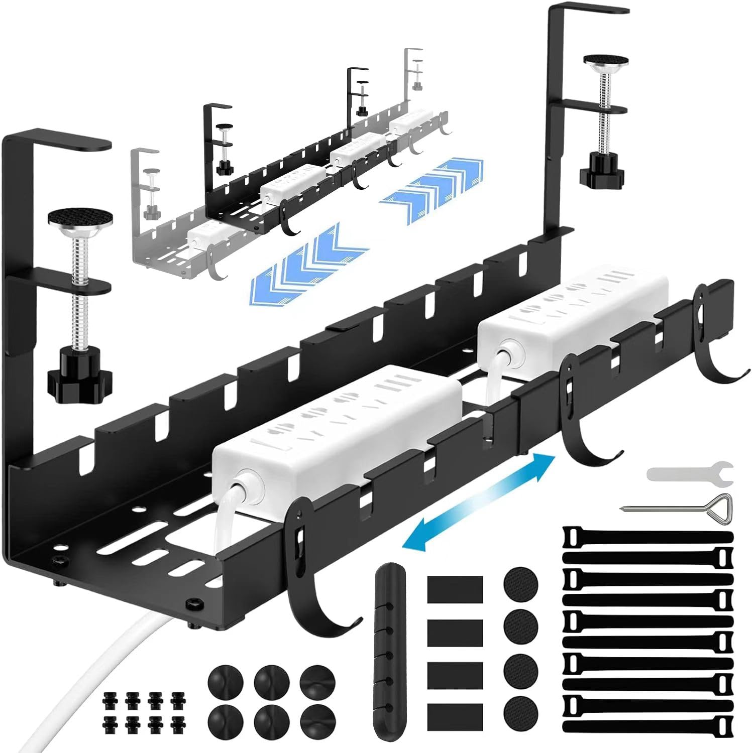 NOAEOU Under Desk Cable Management Tray, Retractable 12" into 21.6" No Drill Cable Tray Basket, Cord Organizer for Desk, Metal Wire Management Organizer for Office Home