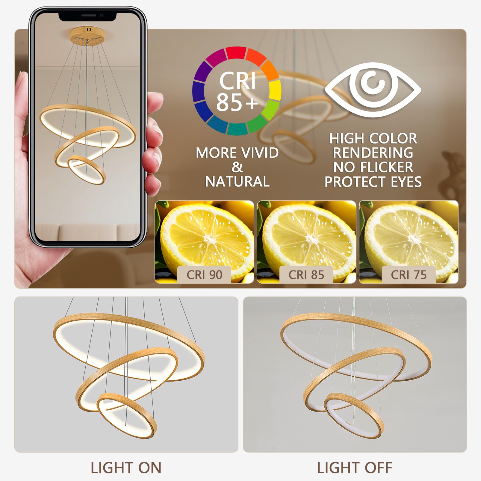 YOODI Lampadario a Sospensione Dimmerabile con Telecomando APP 50+35+20cm 3 Anelli 45W 3000K-6000K LED Lampada a Sospensione Altezza Massima 150cm per Soggiorno, Camera da Letto, Hotel