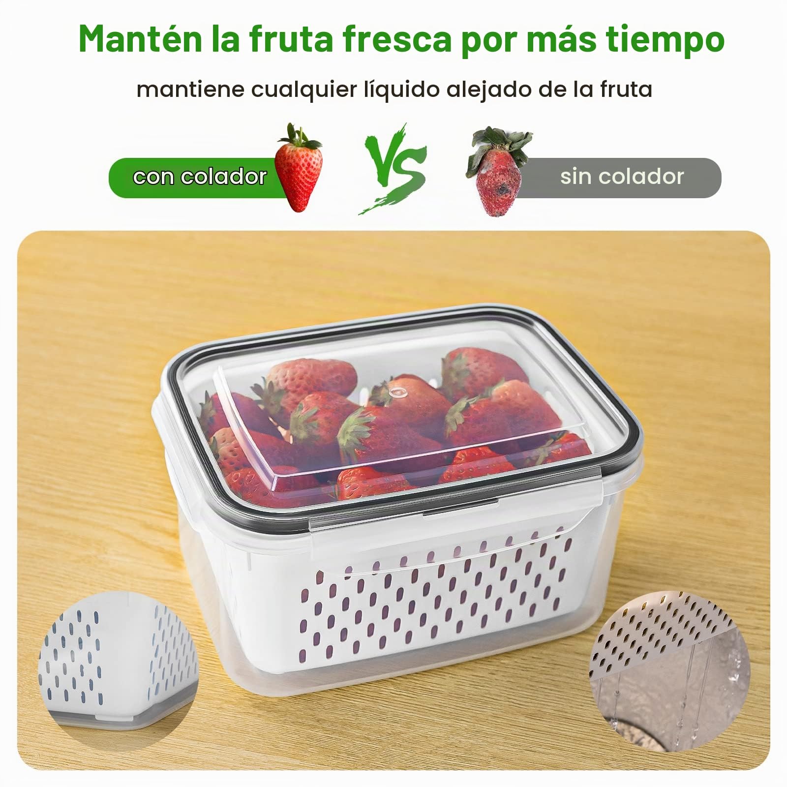 5 recipientes grandes de frutas para nevera, recipientes de almacenamiento de alimentos a prueba de fugas con colador extraíble, aptos para lavavajillas y microondas, recipientes para mantener frutas