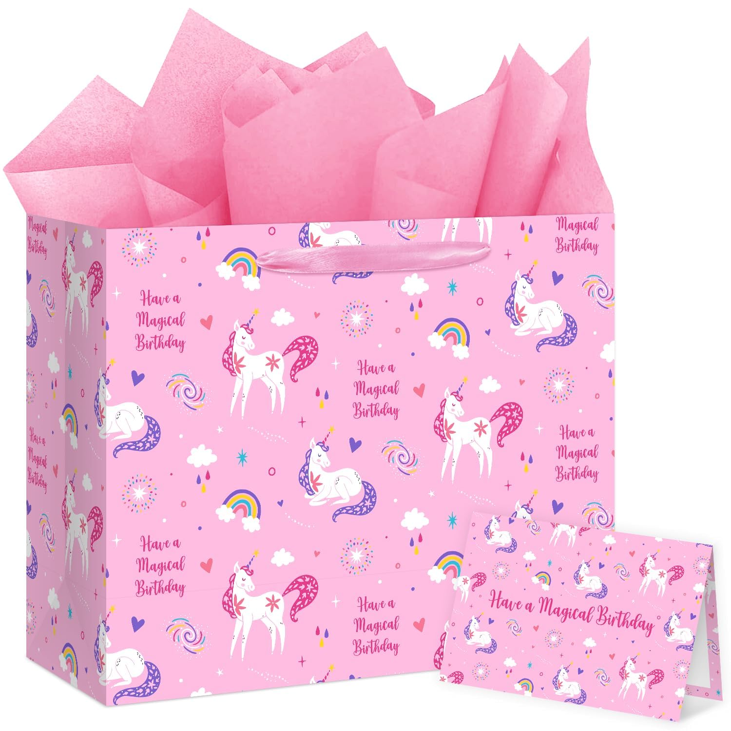 Reyoust 13" Large Magical Pink Unicorn Happy Birthday Gift Bag Set With Tissue Paper and Greeting Card Rainbow and Clouds Birthday Party Decorations for Girls Kids 13" L x 10.2" H x 4.9" D