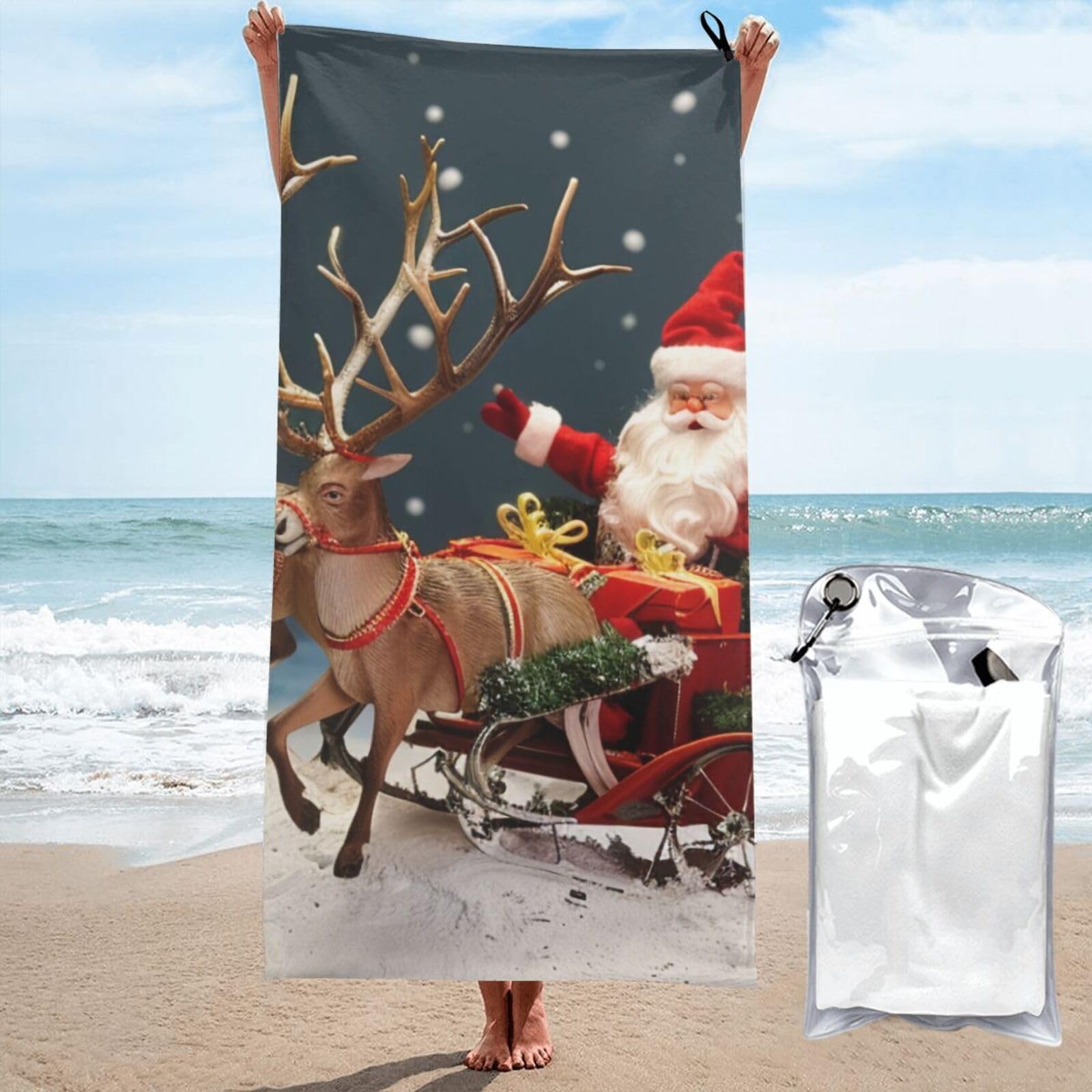 kkvhhyuo Microfiber Beach Towel, Merry Christmas Art Printed Lightweight Quick Dry Travel Bath Sheet with Compact Carry Bag for Swimming Yoga Camping Gym,31.5"x63"
