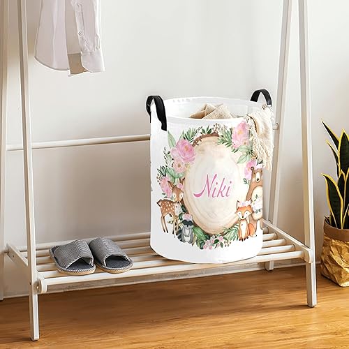 Miniatura 4 de Cesta redonda de almacenamiento con diseño de animales del bosque con diseño floral rosa, cesta de lavandería con nombre, impermeable, con asa para
