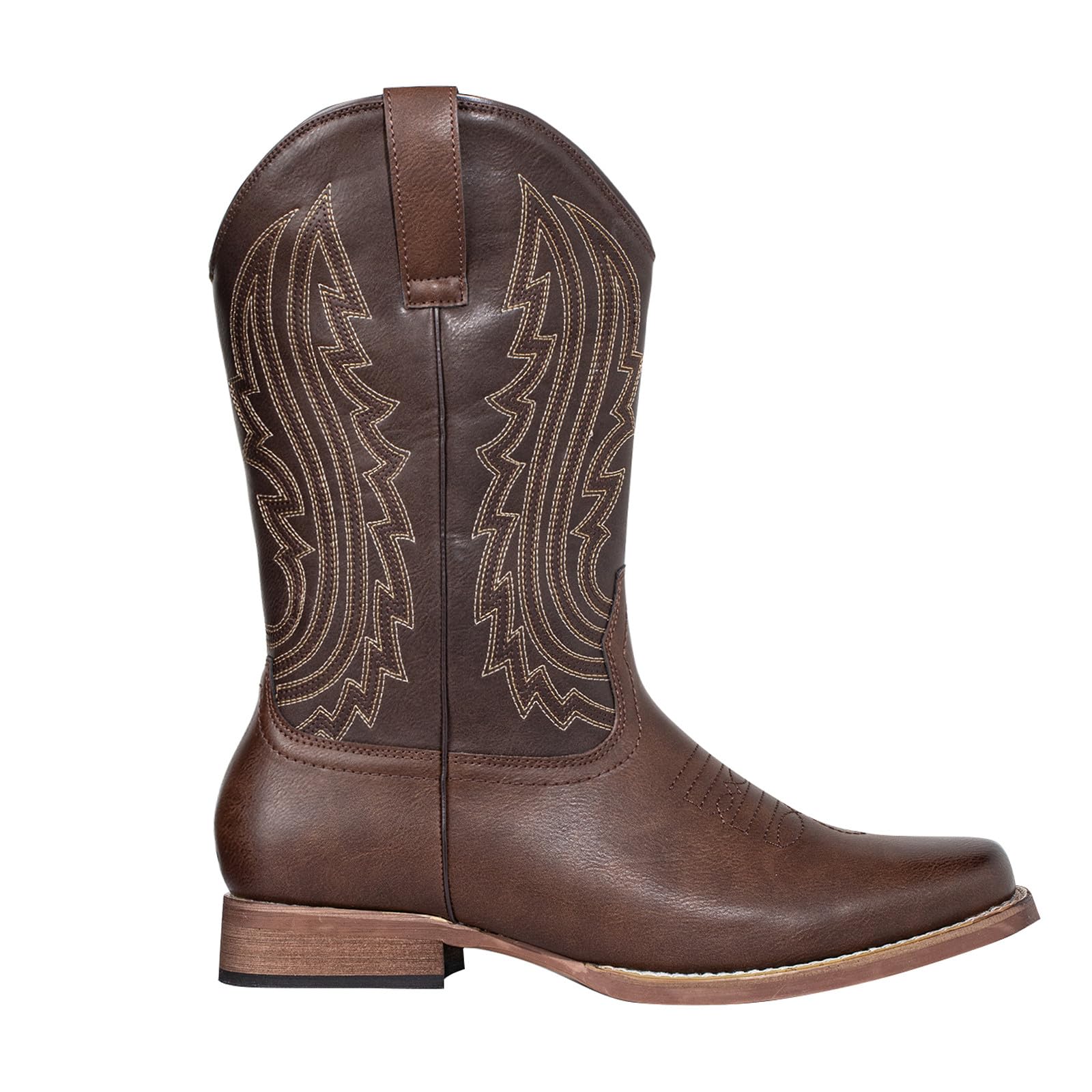 J's.o.l.e Stivali da cowboy da uomo, stile western, punta quadrata, retrò, ricamati, senza lacci, larghi, per equitazione, campagna, lavoro, marrone
