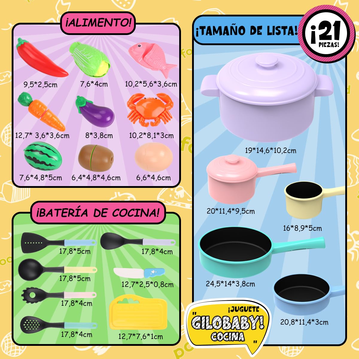 GILOBABY Accesorios de Cocina para Niños, Juguetes Educativos con Juego de Ollas y Utensilios, Alimentos y Juguetes