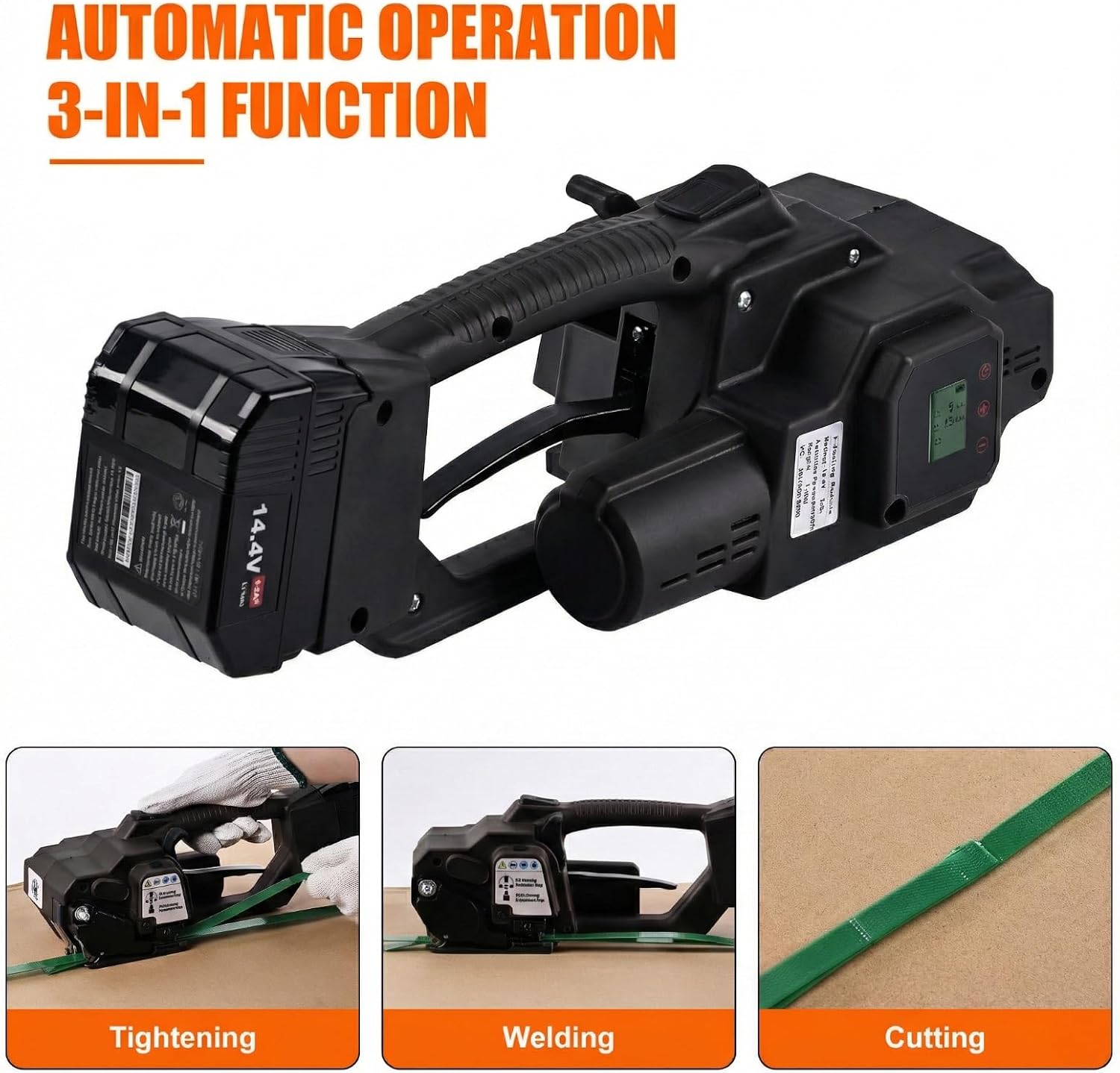 Electric Strapping Machine – 4,500N Tensioner, LCD Display, 4,000mAh Battery, Automatic Portable Banding Tool Kit for 1/2–5/8" PET/PP Straps, Pallet & Box Packaging (Black, 2 x 4,000 mAh Battery)