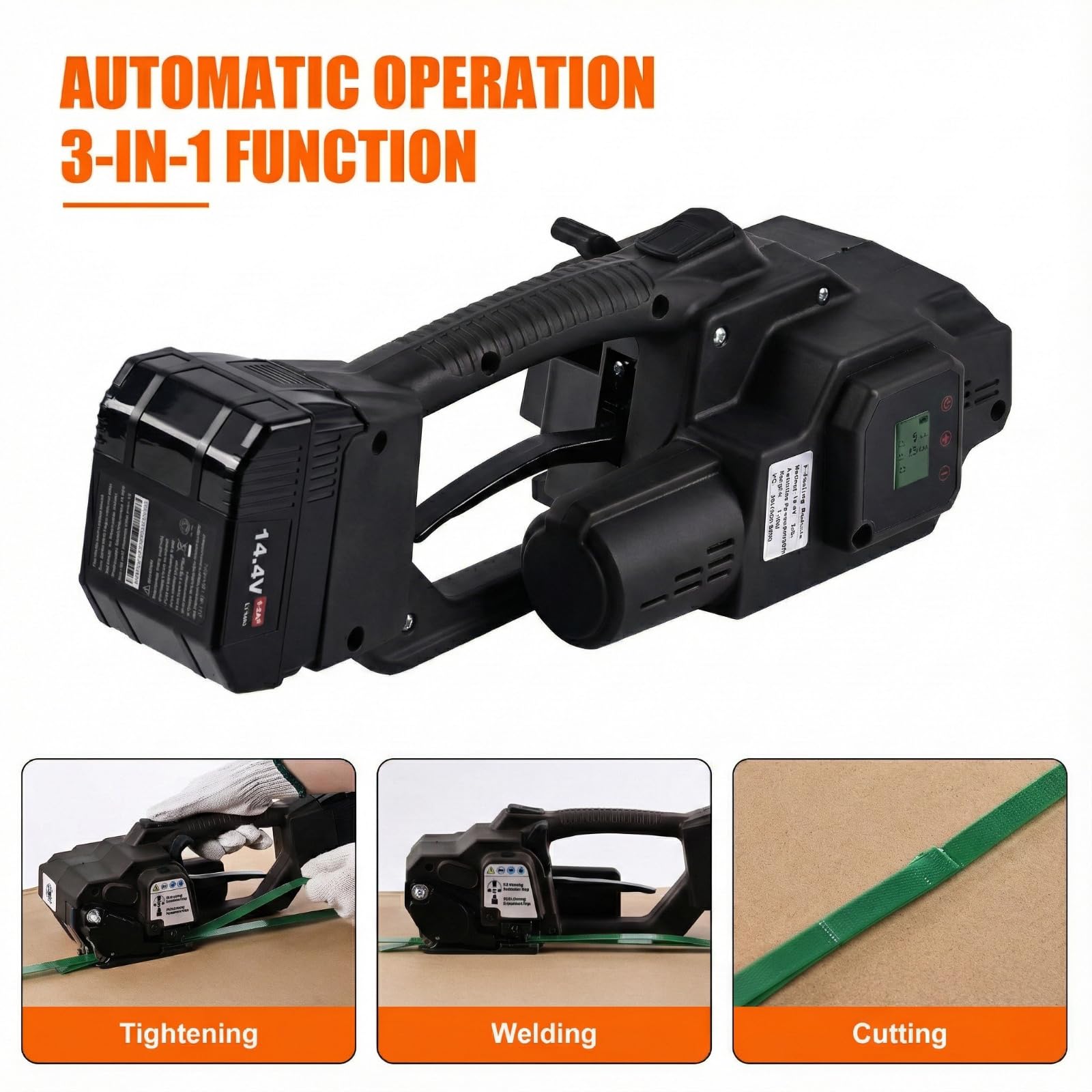 Reggiatrice elettrica, tenditore 4.500N, display LCD, batteria da 4.000 mAh, kit automatico portatile per cinghie in PET/PP da 0,5-0,6 pollici, imballaggio di pallet e scatole (nero, 1 batteria da