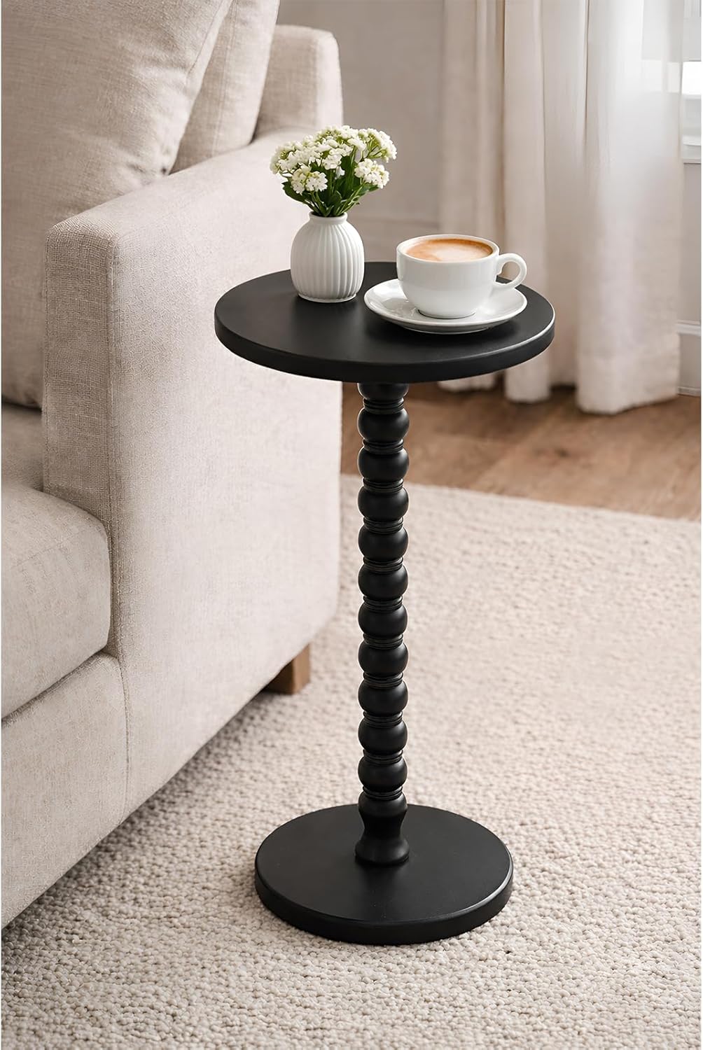 Round Side Table, Solid Wood Pedestal Drink Table for Small Spaces, Modern Accent End Table with Non-Slip Base for Living Room, Bedroom, Sofa Couch, Black