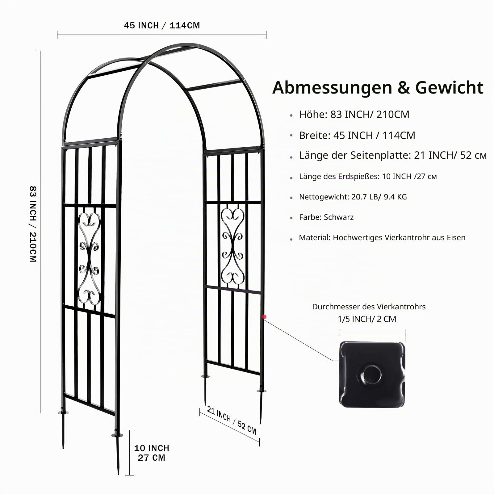 114 cm x 210 cm Rosenbögen, Gebogene Metall-Dauerhafte Eisen Rankhilfe Pflanzenständer für den Außenbereich Rosenlaubengarten Kletterpflanzen Hochzeitsbögen Zeremonie