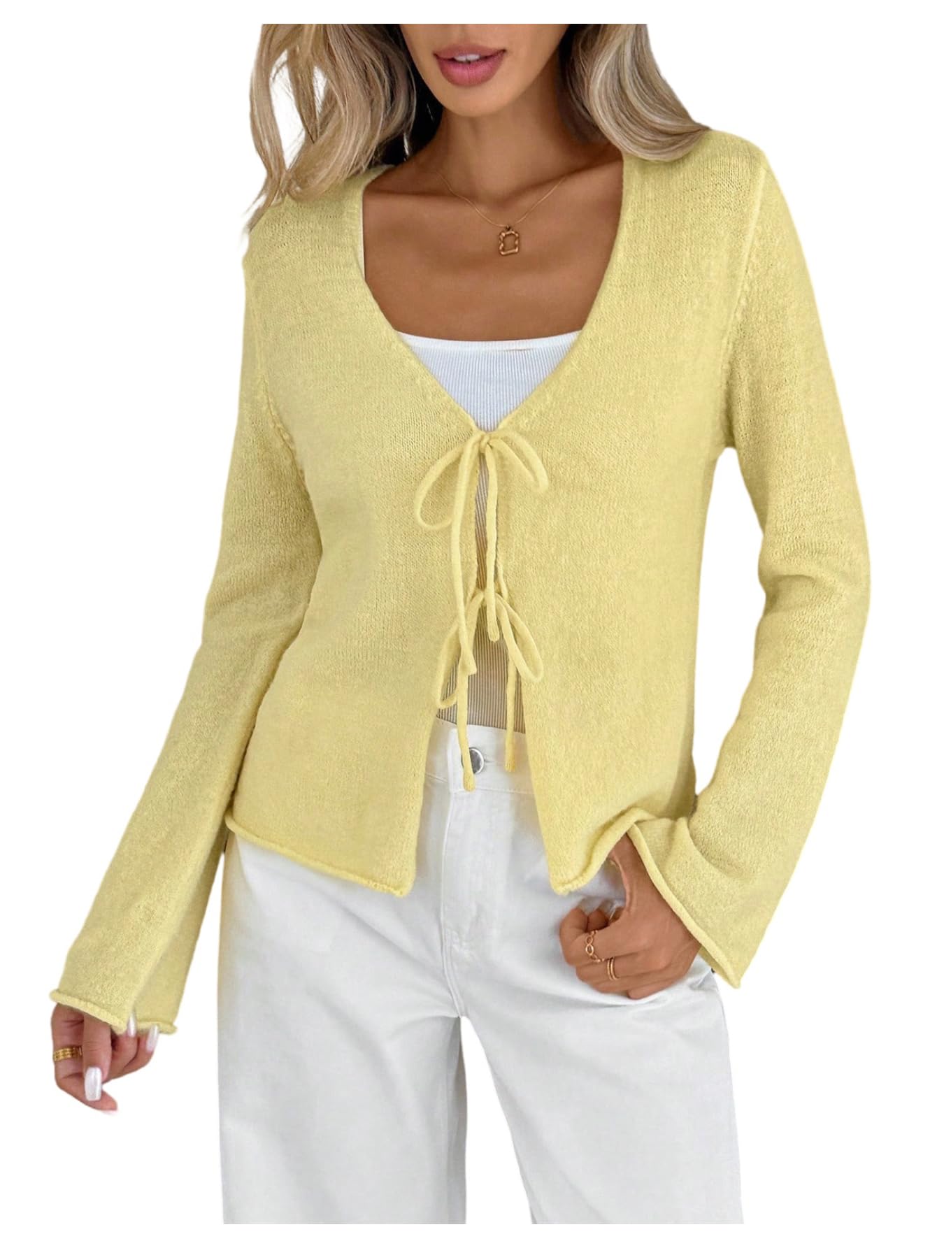 Milumia Womens Bow Tie Front Cardigan Sweater V Neck Bell Long Sleeve Sweaters Knitwear