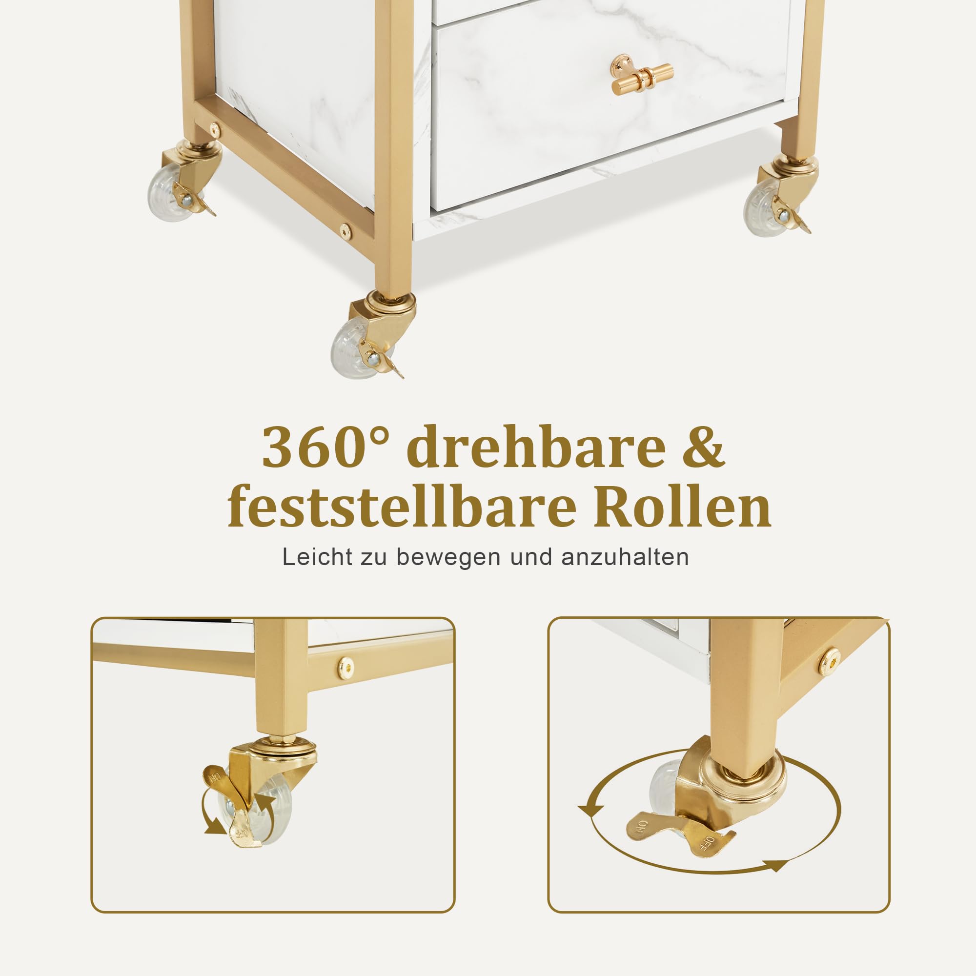 M MCombo Chariot de Service Avec Roulettes & 3 Tiroirs, de Coiffure Blanc-doré, de Travail Moderne pour Salle de Bain Salon, 0022