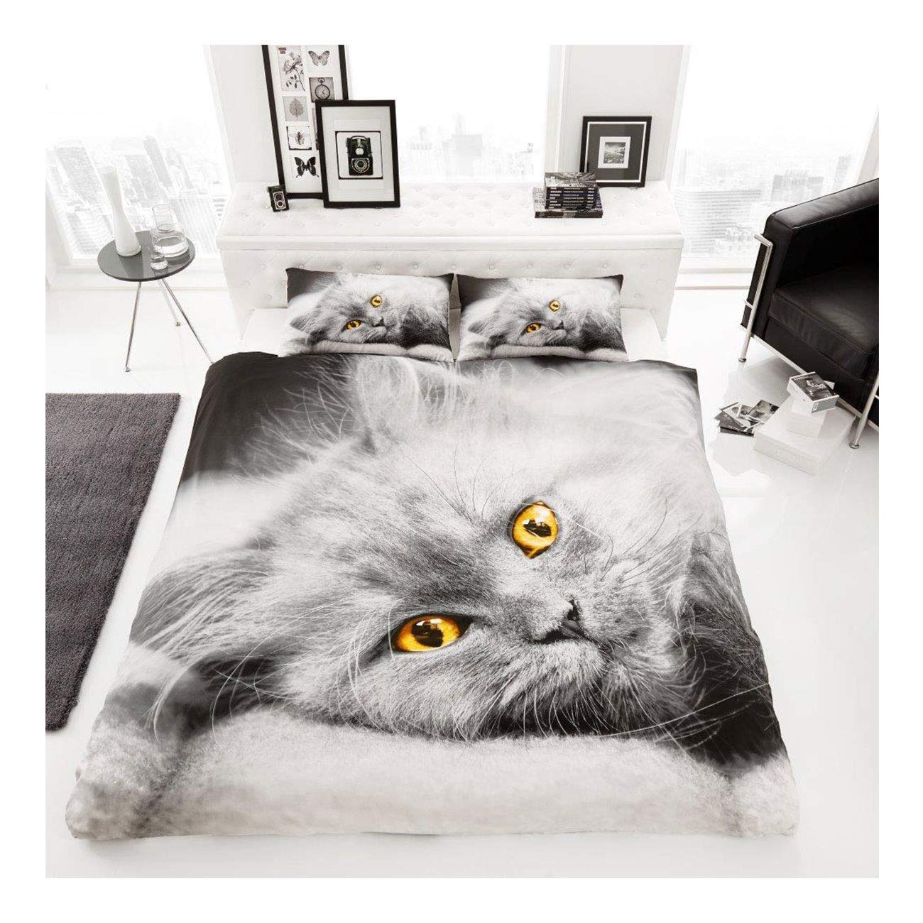 Lions Animal Print Bedding Set, Luxury 3D Printed Microfibre Duvet Cover Sets with Pillowcase, 100% Polyester Reversible Quilt Covers, Cat, Double Bed Size, 200x200cm