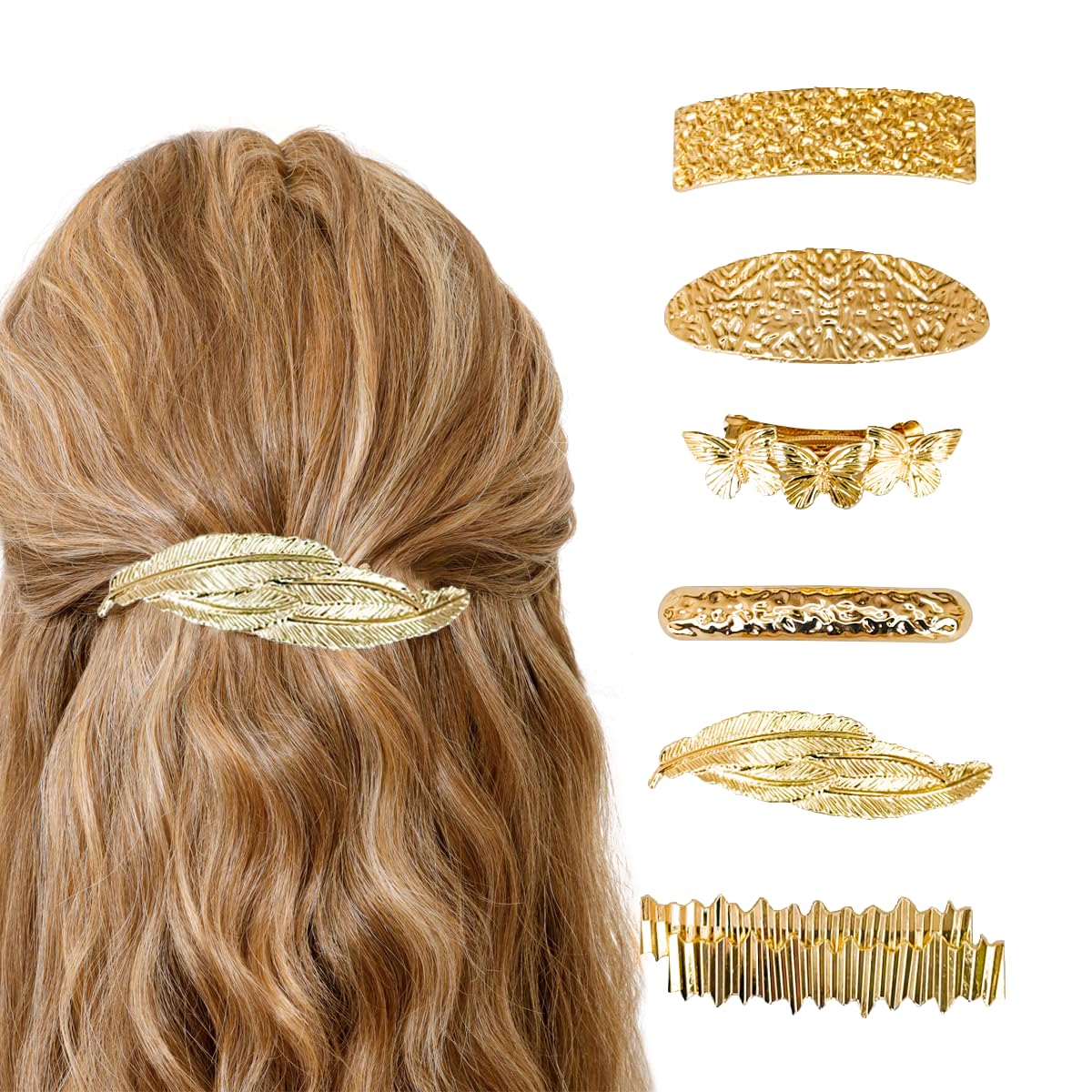 Gold Hair Barrettes for Women, Metal French Hair Clips, Simple Spring Snap Hair Barrettes Large for Thin Hair Ponytail Accessories (F-6Pcs)