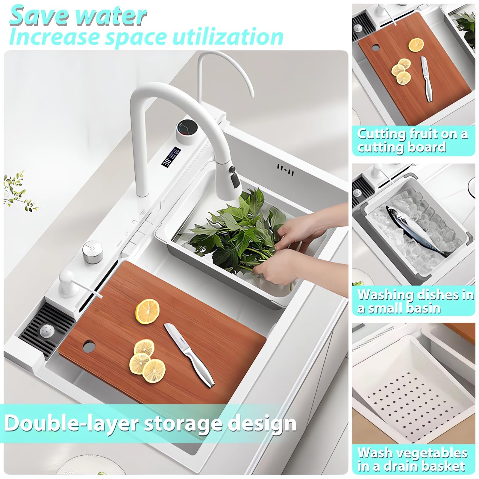 Lavello da cucina multifunzionale, lavello da cucina nero 1 vasca con sgocciolatoio 85x50 cm, lavello moderno a cascata, adatto per cucina, bar (Bianco, 80X45CM)