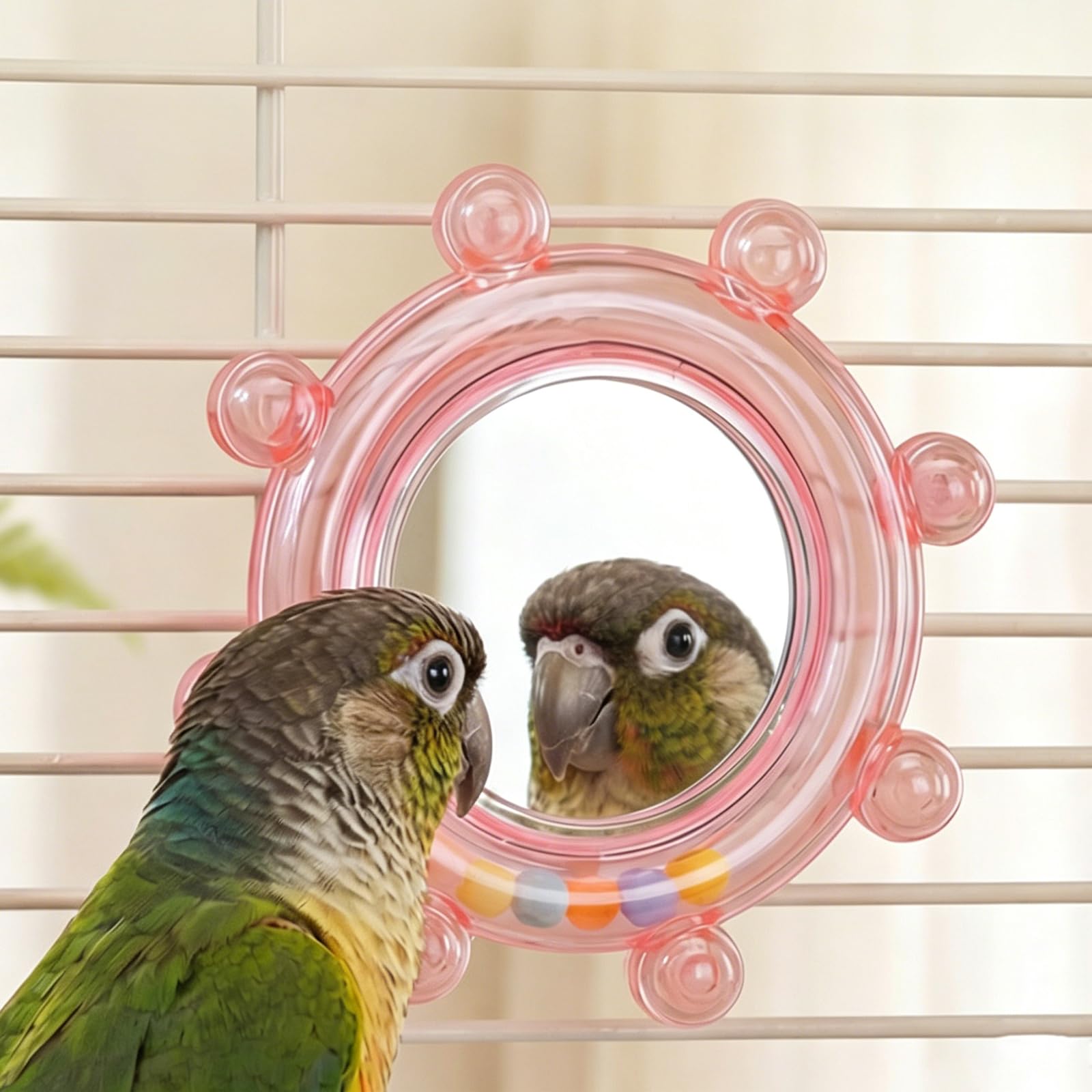 Botocoo 鳥おもちゃ インコ おもちゃ ミラー付き 噛む玩具 回転おもちゃ 訓練 知育玩具 退屈防止 オウム オカメインコ セキセイインコ 回転式玩具 噛むおもちゃ 鳥かごアクセサリー (ピンク)