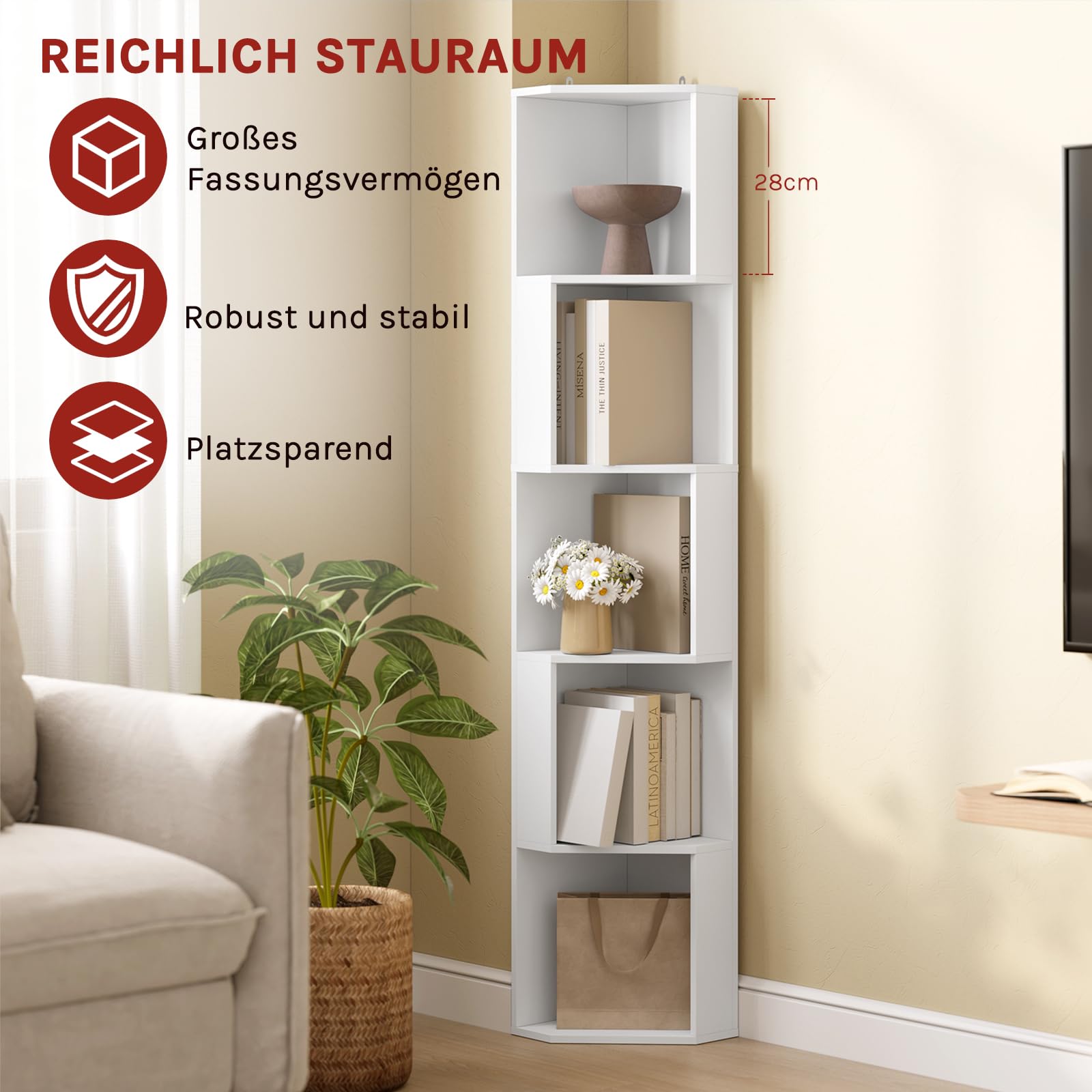 WOLTU Eckregal, Bücherregal stehend, Standregal weiß, mit 5 offenen Fächern, Regal Ecke, für Wohnzimmer Schlafzimmer Arbeitszimmer, SK046ws