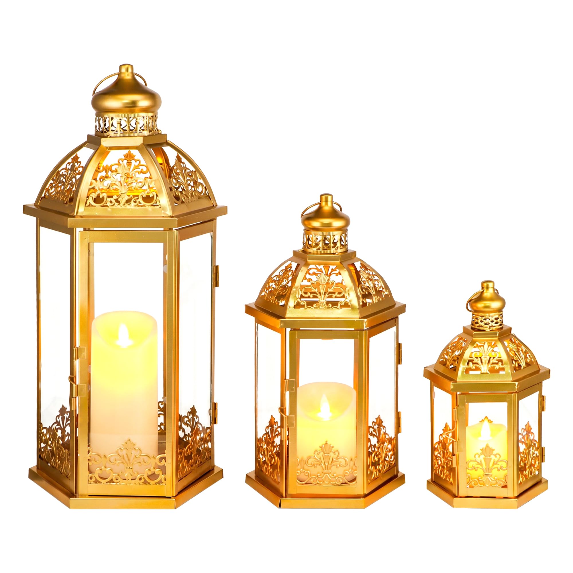 TRIROCKS Duży zestaw 3 dekoracyjnych lampionów, 40 cm, 33,5 cm, wys. 24 cm, wisząca latarnia vintage, metalowy świecznik ze szkłem hartowanym, do wewnątrz, na zewnątrz, dekoracja domu, na imprezy, do