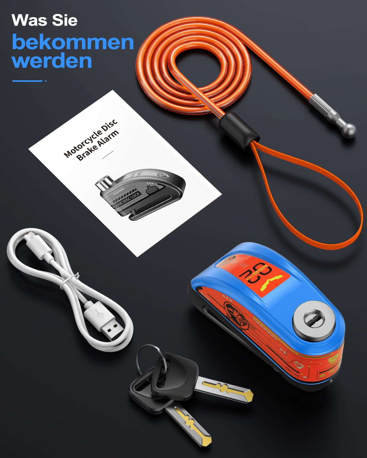 ZEXMTE Bremsscheibenschloss, Wiederaufladbar Motorrad Schloss Alarm 120db mit 1.8m Rückrufkabel,Verstärkt, Wasserdicht Hochsicherheits Scheibenbremse für Moto, Fahrrad, Scooter