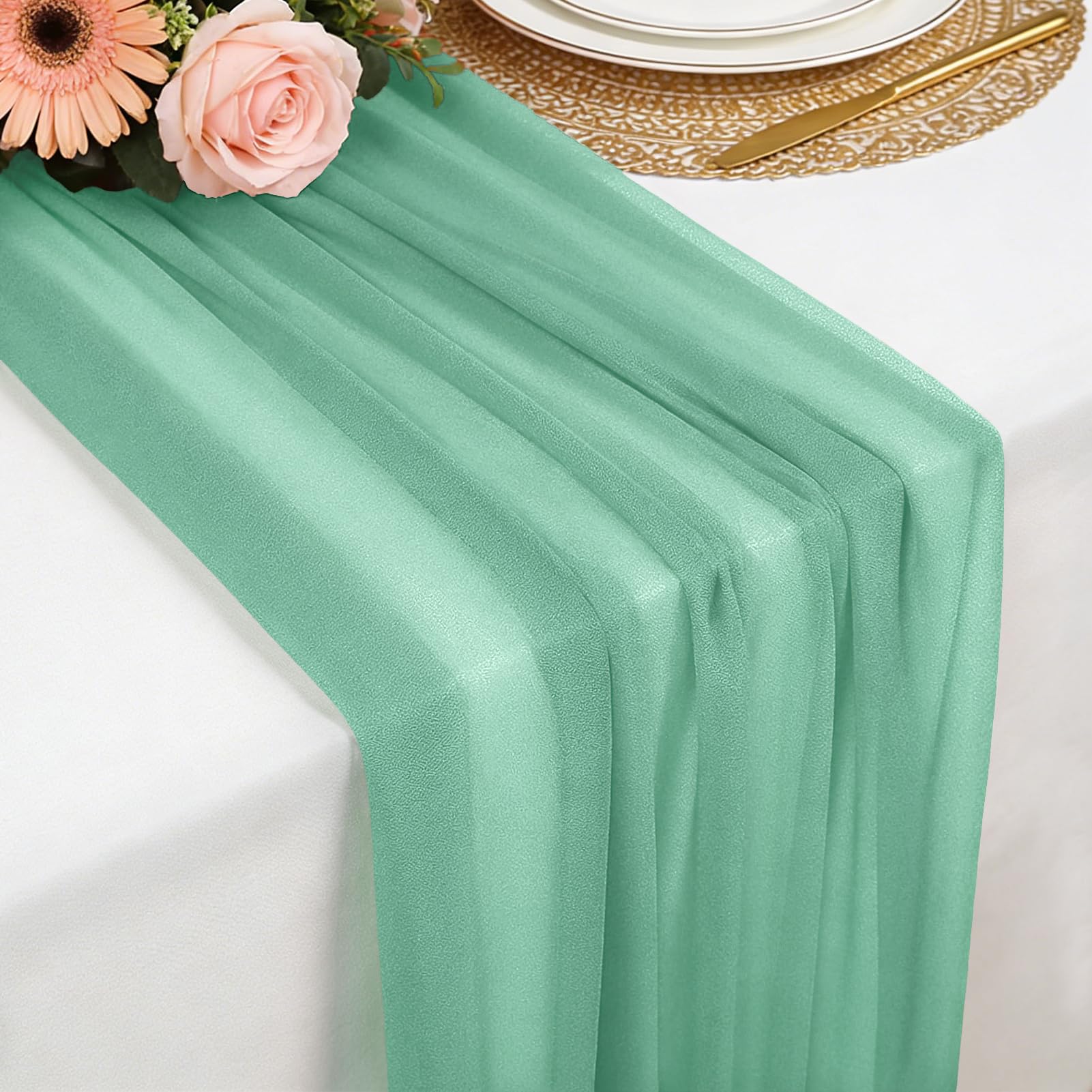 Tischläufer Mintgrün Chiffon, 77 X 300 cm Weich und Bequem Tischläufer für Boho Hochzeit, Party, Taufe Dekor, Babyparty, Brautparty Küche Tisch Dekoration