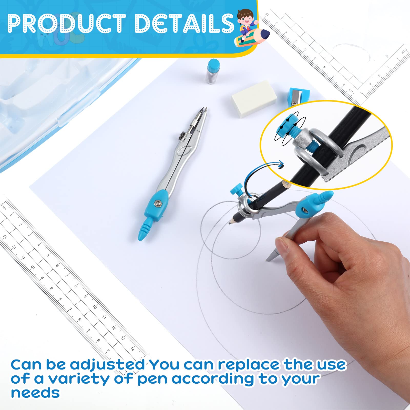 Teling Lot de 12 kits de géométrie mathématiques, 10 boussoles pour géométrie, comprenant règles, rapporteur, gomme, boussole, taille-crayon, mines pour dessin, école de mathématiques, étudiant (bleu)