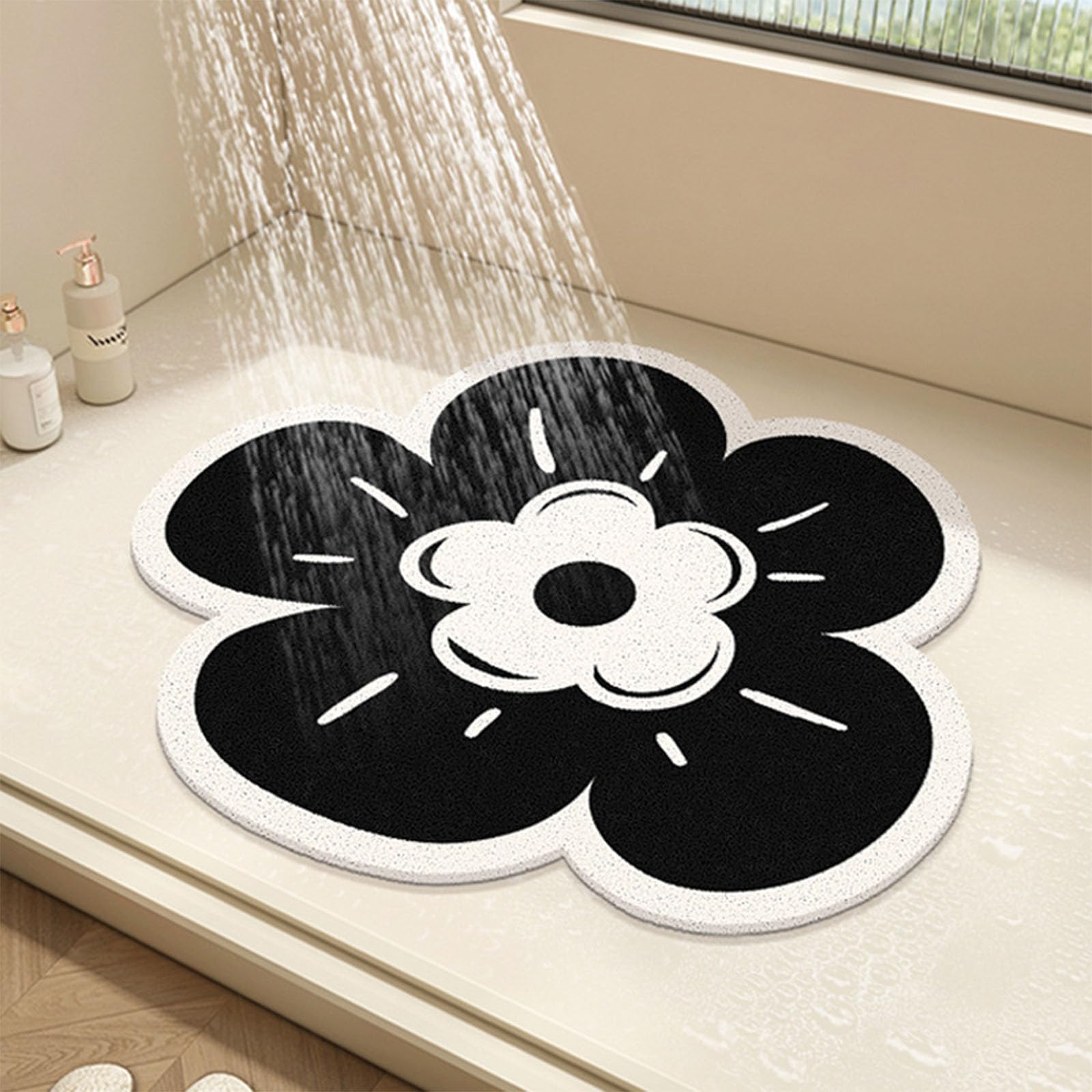 Indoor shower round shower mat with floral design, PVC sponge bathroom floor mat, anti-slip bathroom mat, anti-mildew shower mat with drainage hole, quick-dry (F,90 * 90cm)