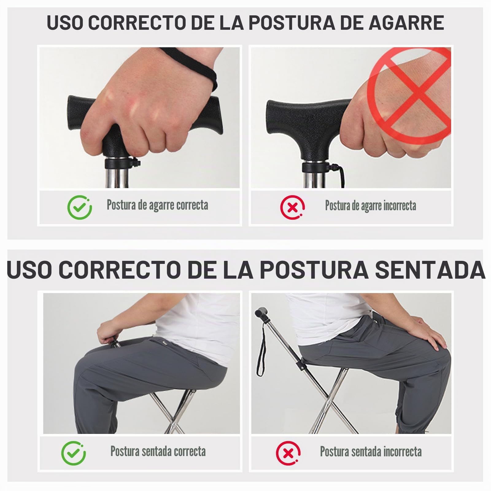 Bastón con asiento, capacidad de 120 kg, tabla de asiento grande en cinco posiciones de altura ajustable, caña y taburete de doble uso, bastón con asiento para adultos en reposo, personas mayores y