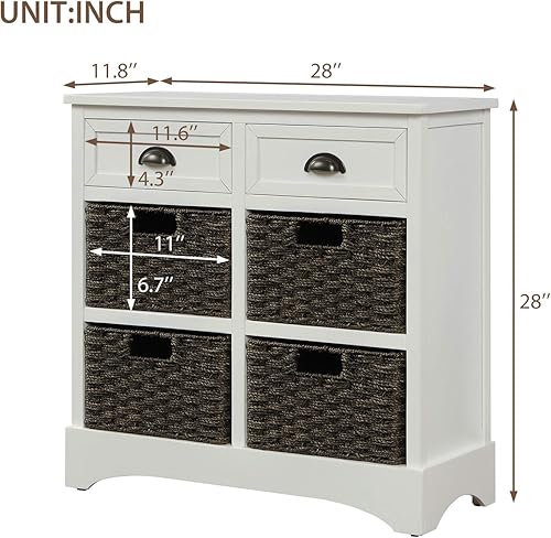 Miniatura 2 de Armario de almacenamiento rústico con 2 cajones y 4 cestas clásicas de ratán, mesa consola de madera para cocina, comedor, entrada, sala de estar,
