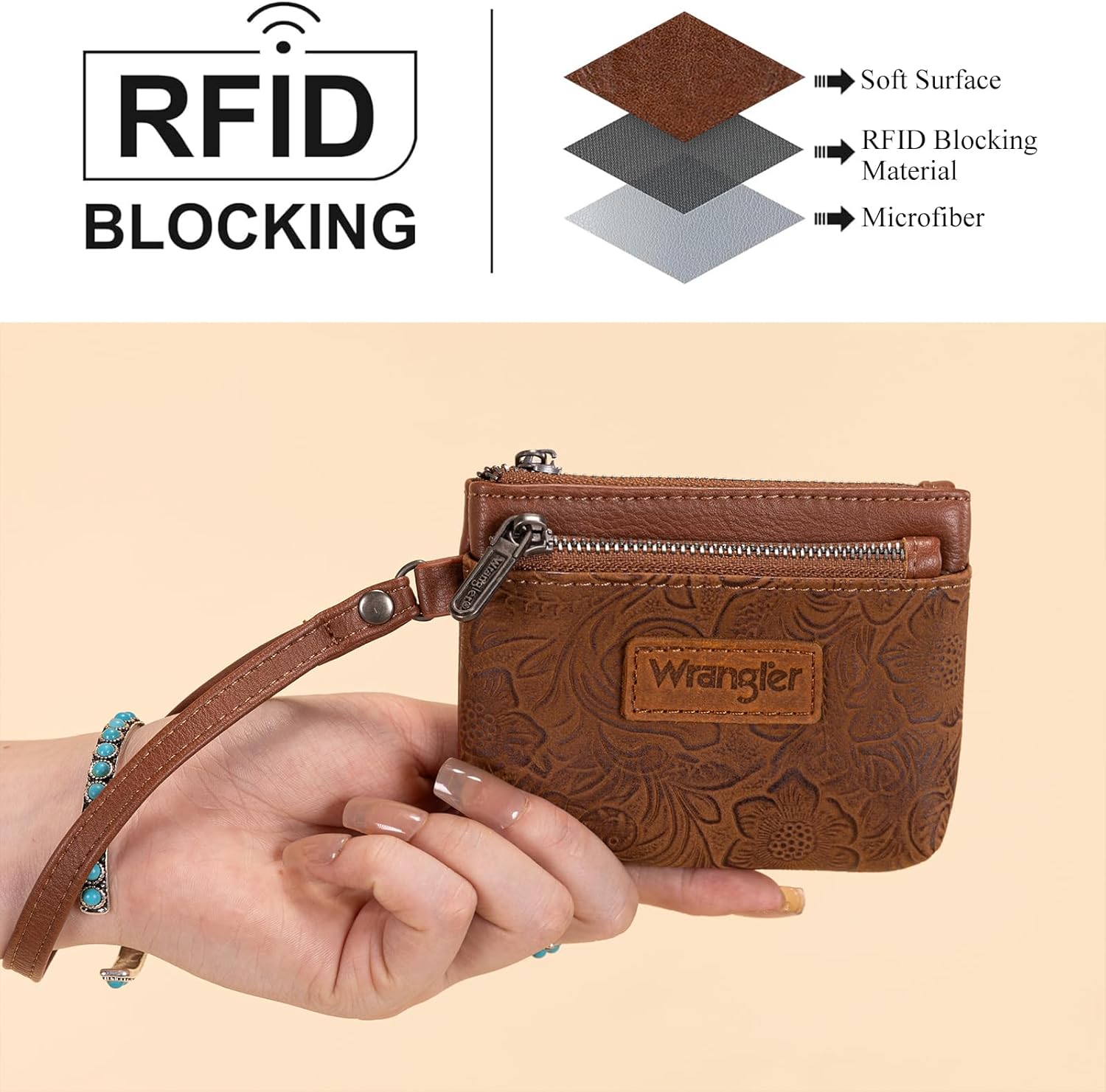 Wrangler Coin Purse for Women RFID-blocking Floral Embossed Change Pouch Wristlet Wallet Lightweight Portable Wallets Brown - Image 3