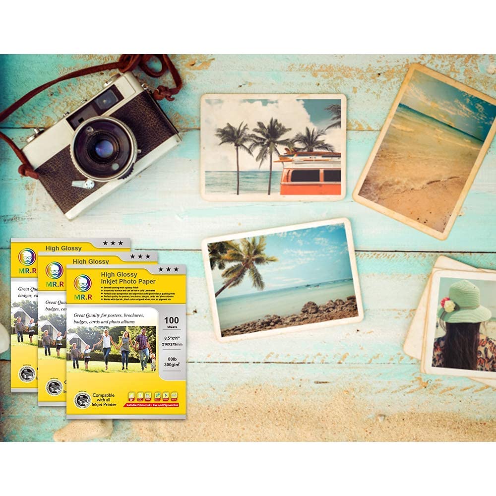 MR.R Carta fotografica lucida a getto d'inchiostro singolo lato con 100 fogli per confezione 8,5 x 28,9 cm, 36,3 kg, 300 g/m²