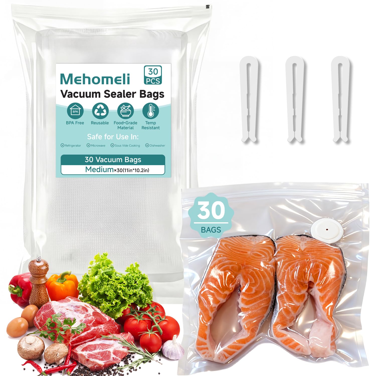 Mehomeli Reusable Vacuum Sealer Bags, 30 Medium Bags, 11in × 10.2in