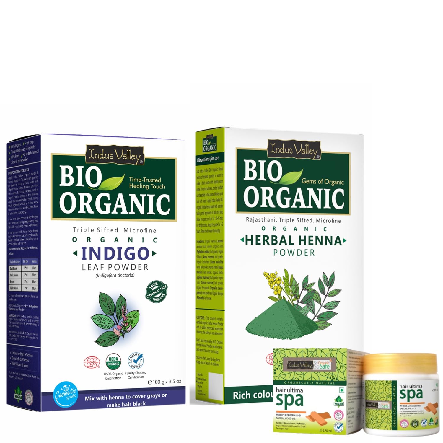 Indus Valley Bio Organic Herbal Henna Power, Indigo Powder, Ultima Spa Combo pack of 3 (175ml, 100g, 100g)-image-43