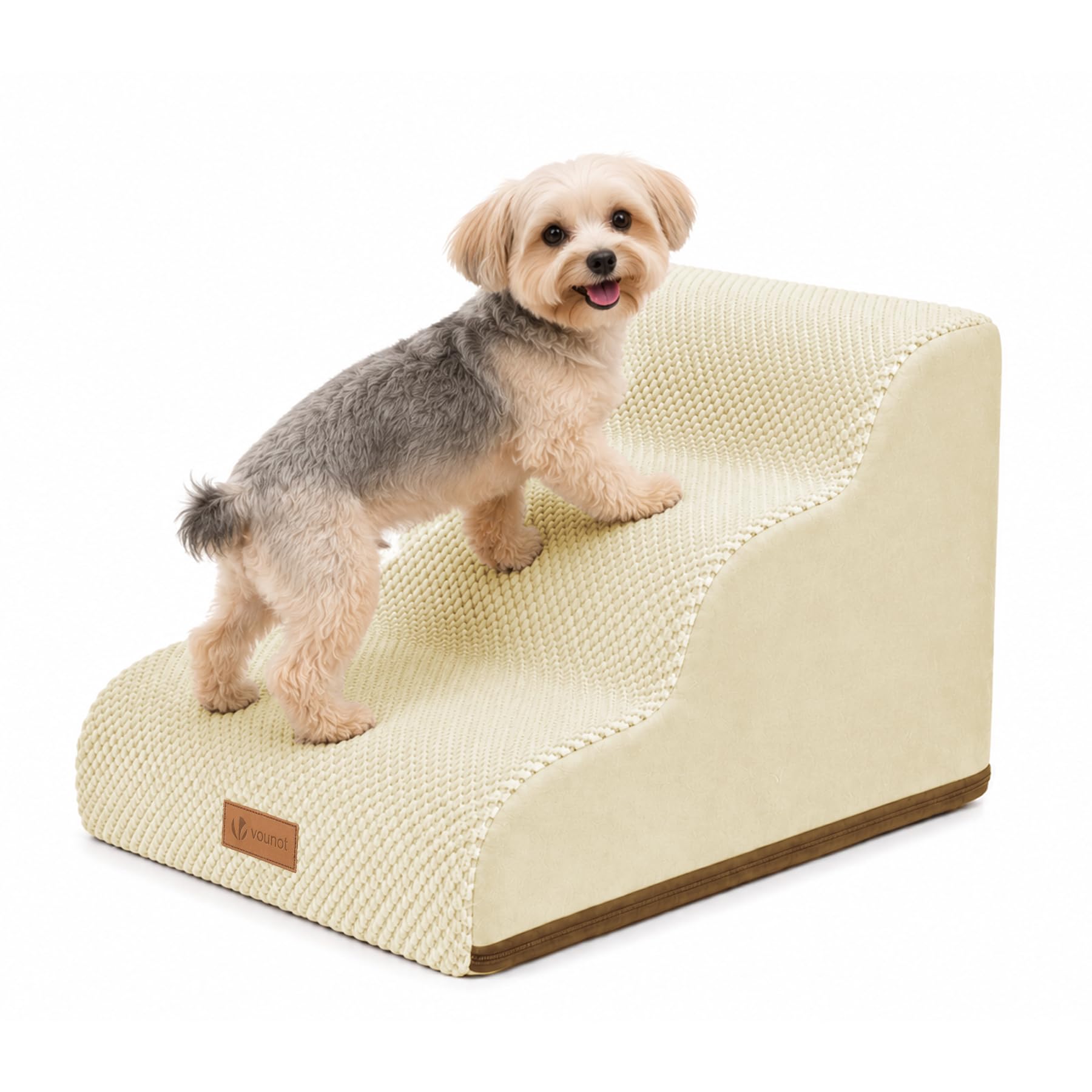 VOUNOT® Escalera para Perros 3 Peldaños 40x57x40cm Rampa para Perros Espuma Alta Densidad para Cama Sofá, Escalera para Cachorros Mascotas Mayores Base Antideslizante Funda Lavable Extraíble Asa Beige