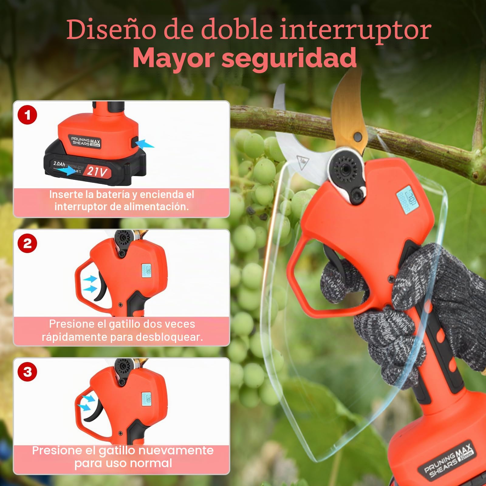 Tijeras de Podar Eléctricas, 50mm Tijeras De Podar Bateria con Display, Baterías 2x2000mAh, Tijera Podar Profesionales 800W con Motor Brushless para Jardinería, Árboles Frutales, Viñedos