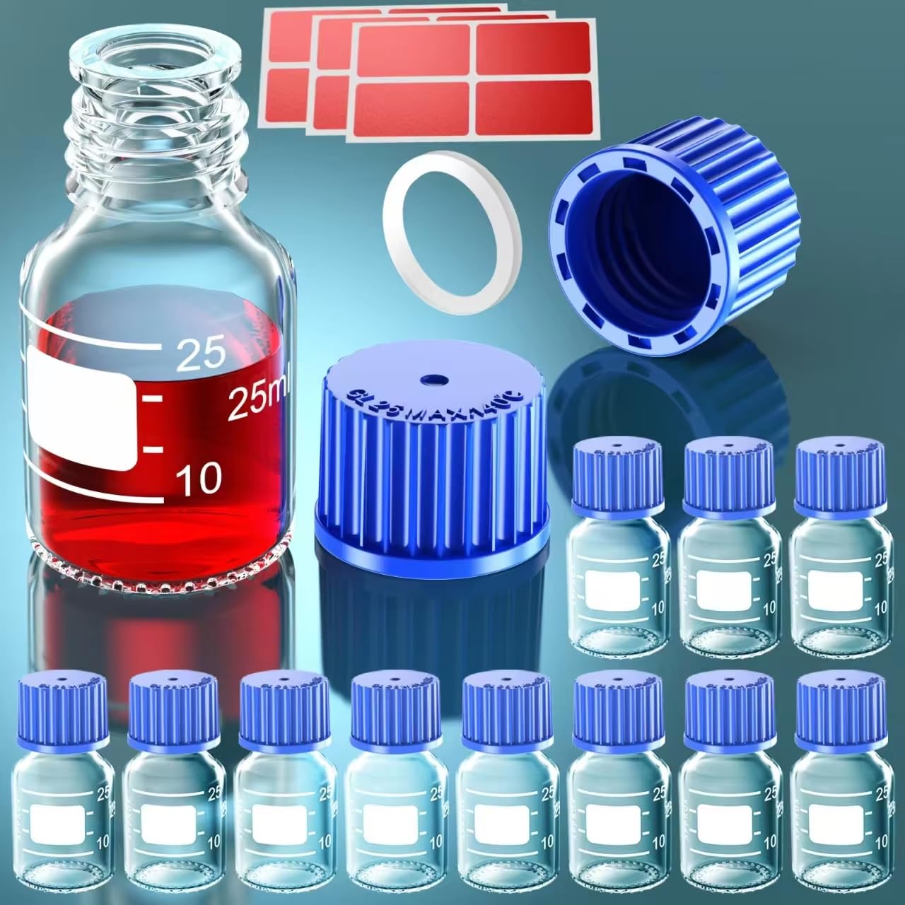 GL25 GL32 GL45 da 25 ml da 50 ml, GL45, 100 ml, 250 ml, 500 ml, 1000 ml, bottiglie di vetro con tappo a vite blu GL45, anello per versare in PP e guarnizione in silicone, adesivi (25 ml, 10pcs)