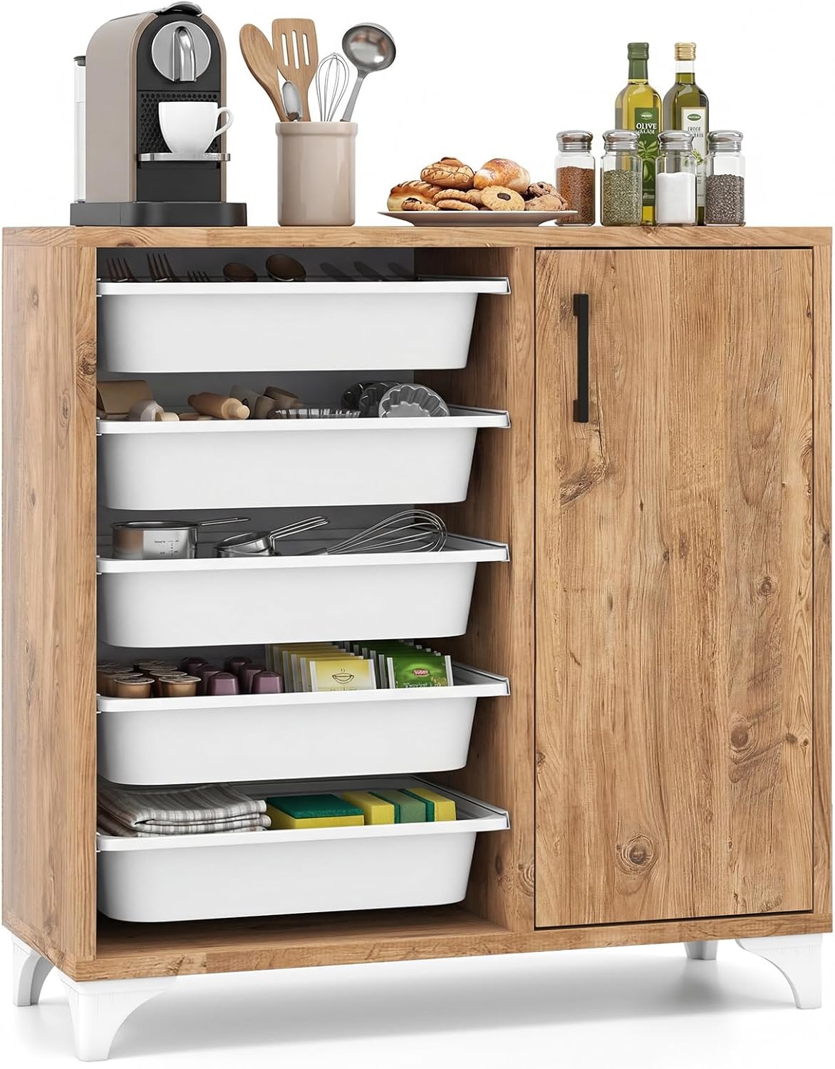 Giantex Buffet Cabinet Sideboard with Plastic Storage Drawer, Coffee Bar Cabinet with 5 Removable Drawers & Door, Wooden Farmhouse Storage Organizer for Kitchen, Living Room