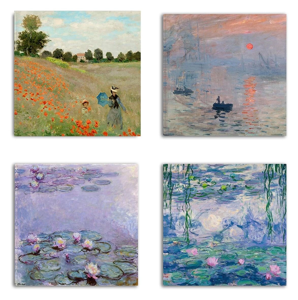 DìMò ART Quadri Classici d'Arte Claude Monet 4 pz 30x30 CM cadauno Stampa su tela Canvas Arredamento Arte Arredo per cucina, camera da letto, soggiorno, salotto, bar, ufficio, ristorante