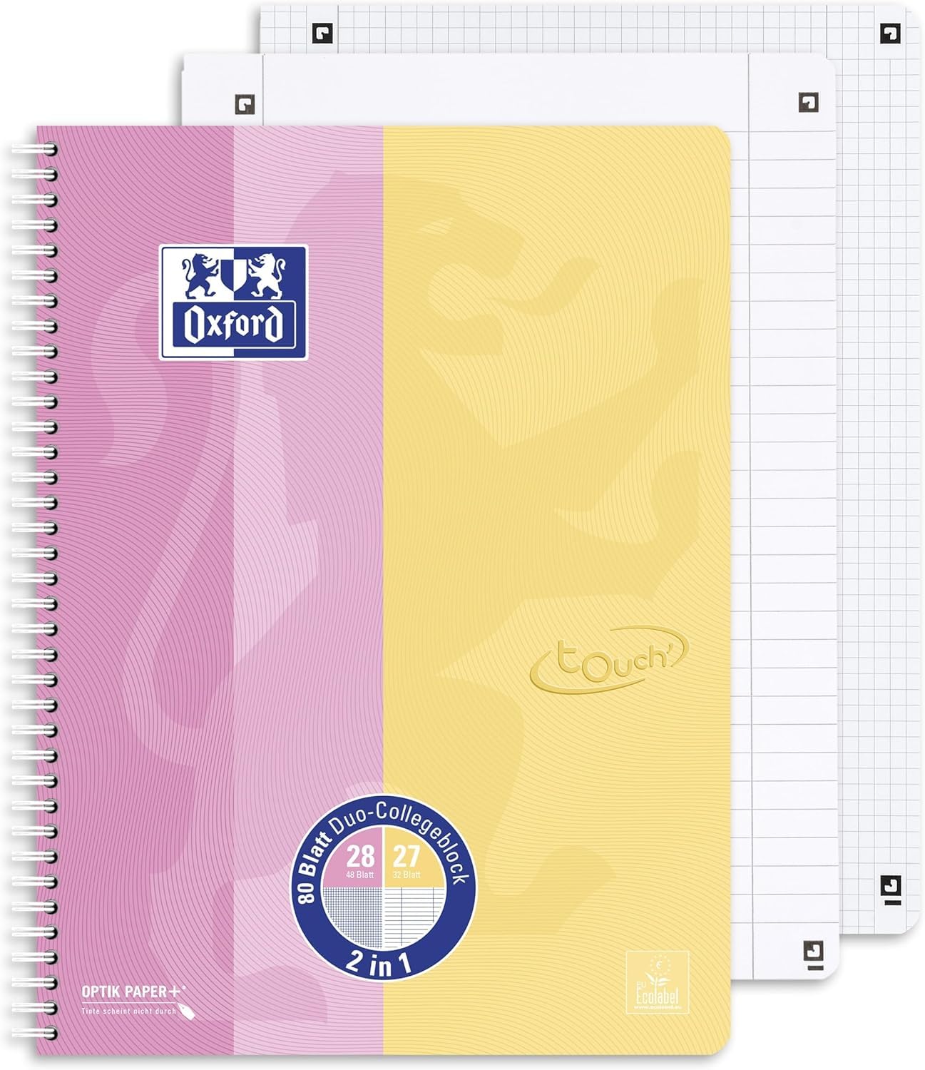Oxford Collegeblock Duo A4+ kariert und liniert, 80 Blatt (rosa/gelb | TOUCH, 5er Pack)