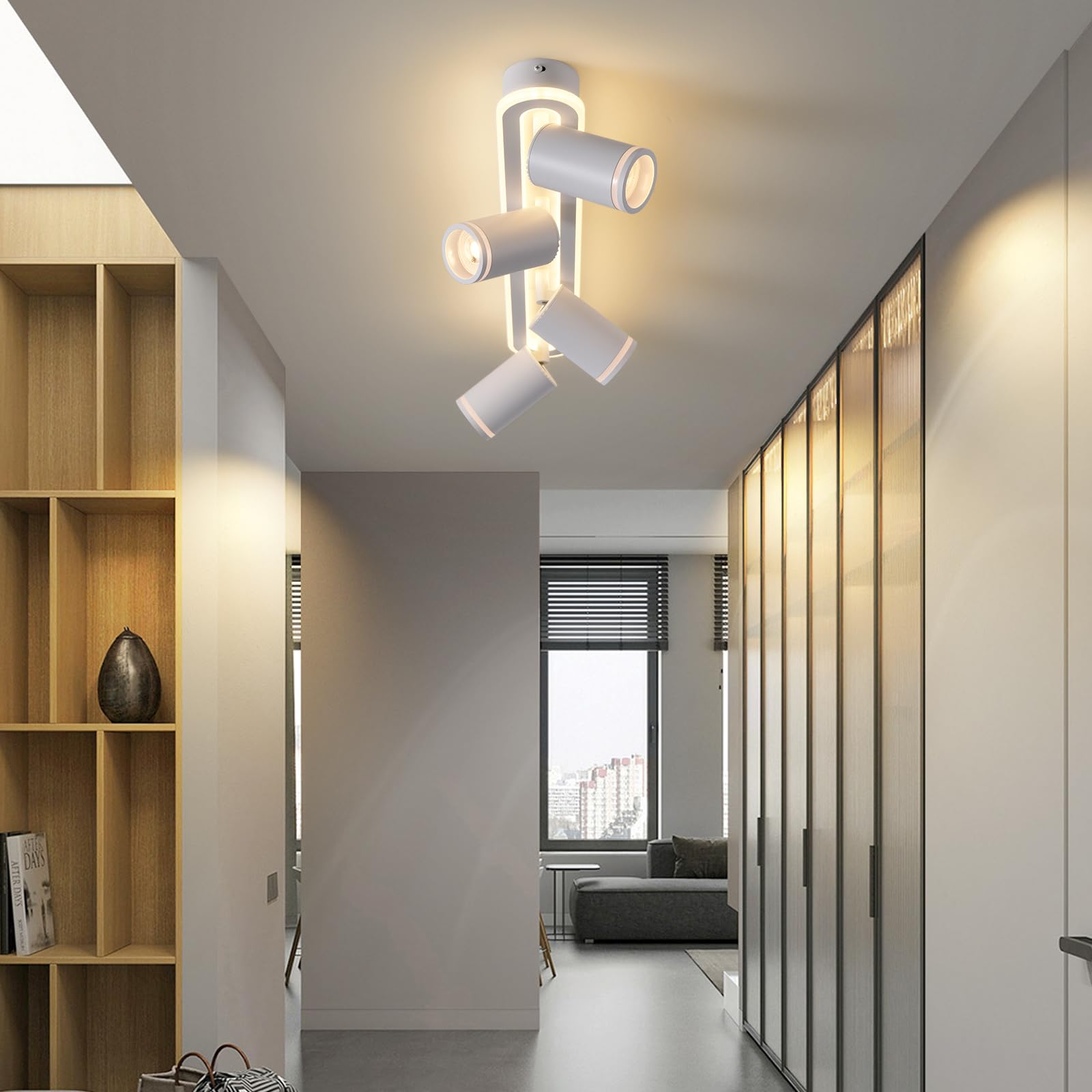 SANSHI Lámpara de Techo LED 4 Focos Orientables,Giratorio 350°,Blanco | iluminación de techo con brillo inferior 36W+4x5W GU10,Aplique de Pared 3000 K Blanco Cálido,focos de techo Para Salón