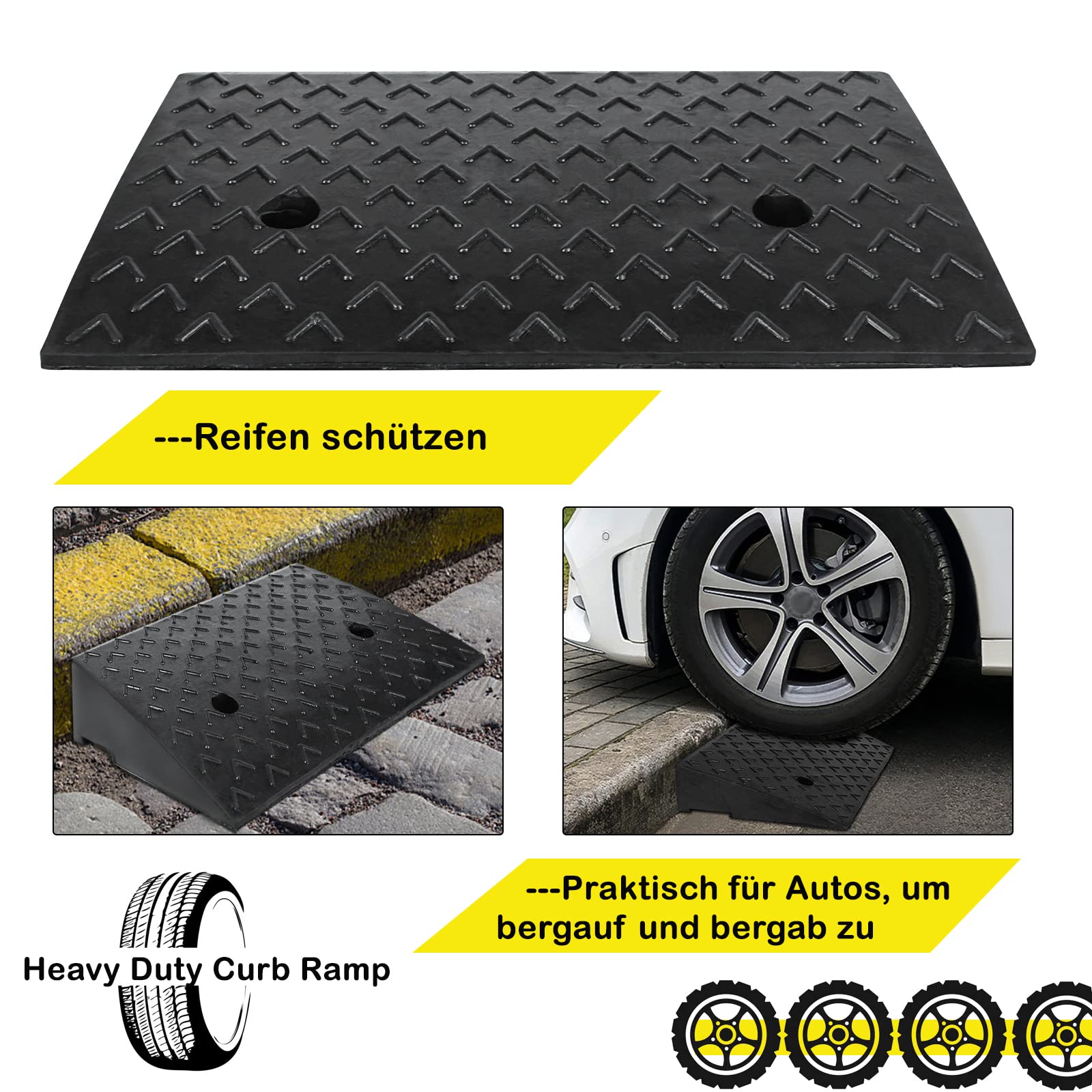Aufun Rampa de goma para bordillos (2 unidades, 11 cm de alto, portátil, ligera, resistente, plástico, para coche, moto, silla de ruedas, andador, caravana y caseta de aparatos), color negro