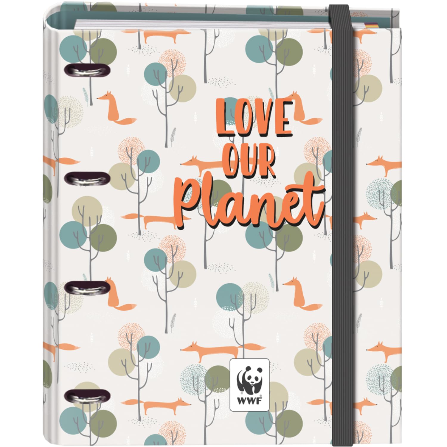 Dohe - Ordner mit 4 Ringen mit Nachfüllung, 100 Blatt, A4, Gummiverschluss, 4 farbige Trennblätter, Dokumententasche, Papier 90 g/m², Kompressor, Schulmaterial - WWF Love Our Planet