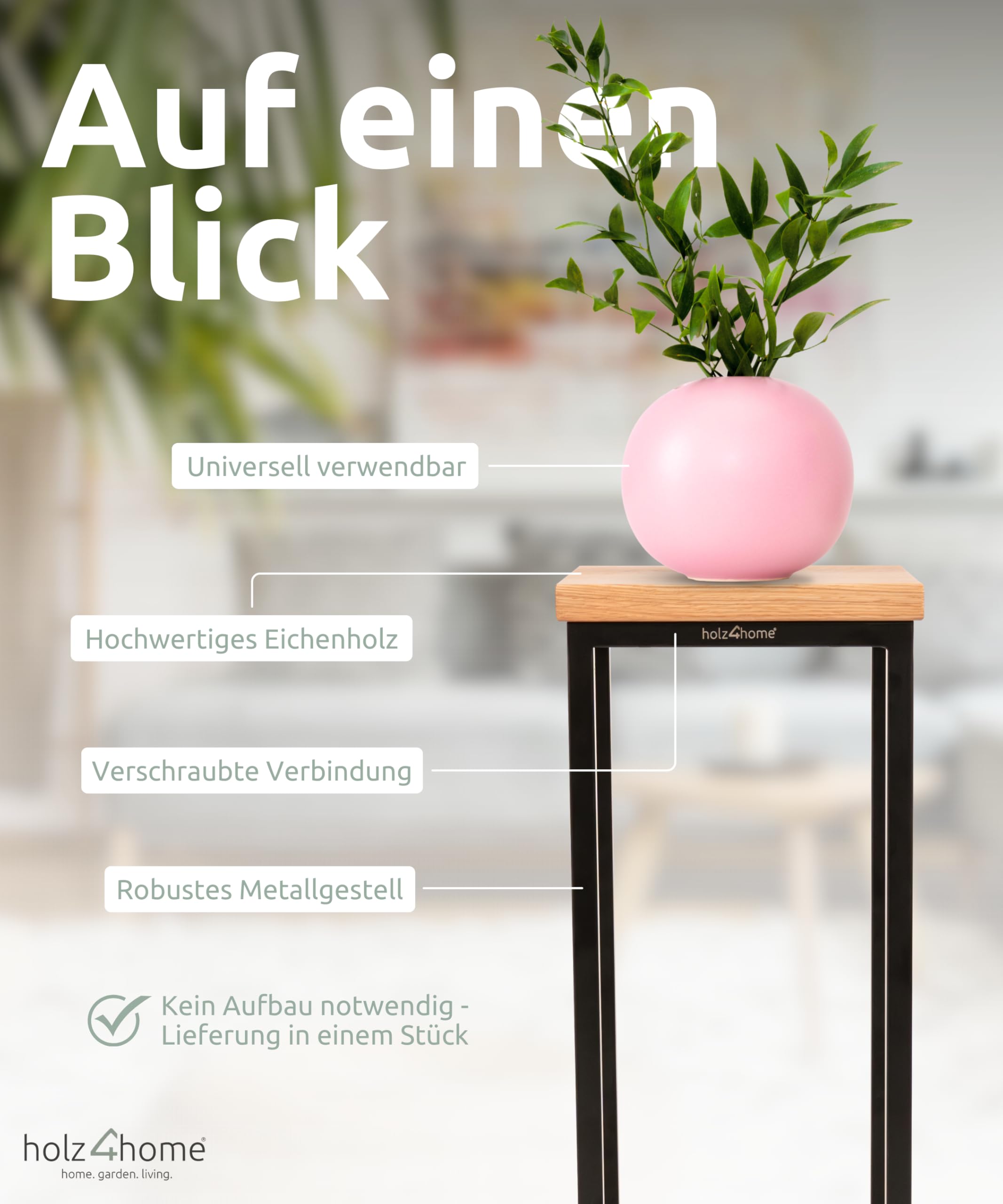 holz4home® Dekoständer aus massiv Eichenholz I Blumenständer Natur Geölt I Höhe: 90 cm I Dekosäule mit Stahlrahmen I Fertig montiert und geölt