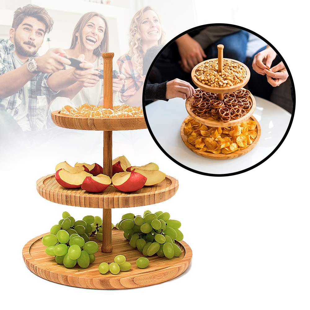 MostroMania – Bandeja de 3 pisos de madera de bambú – Soporte para frutas, dulces y aperitivos – Porta palillos – Frutero – Bandeja para quesos – Accesorios de cocina – Ideas de regalo – Regalos de
